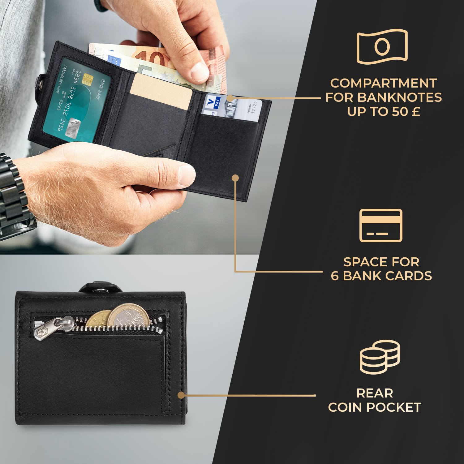Slimpuro TRYO Trifold Airtag Wallet, 12 kariet, vrecko na mince, 9,2 x 2,2 x 7,5 cm (Š x V x H), ochrana RFID – Obrázok 2