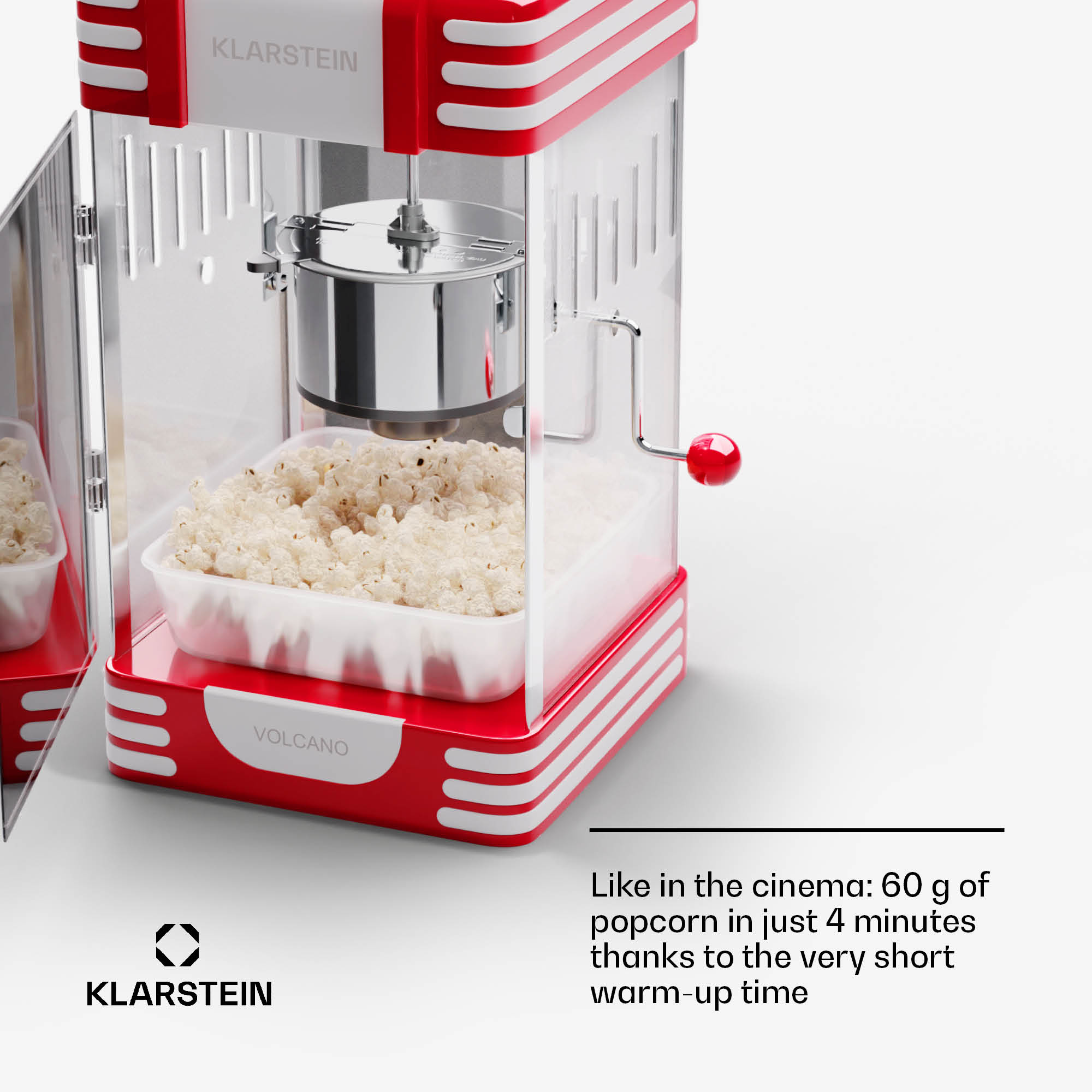 Klarstein Volcano, popkornovač, 300 W, 60 g/4 min, hrniec z nehrdzavejúcej ocele, retro dizajn – Obrázok 2