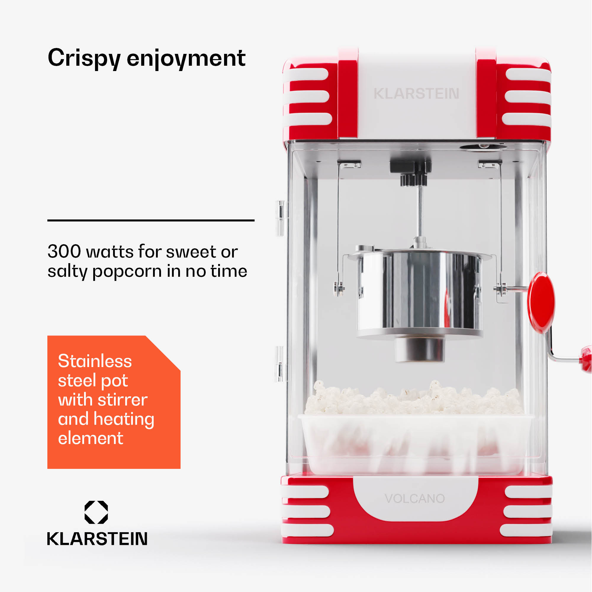 Klarstein Volcano, popkornovač, 300 W, 60 g/4 min, hrniec z nehrdzavejúcej ocele, retro dizajn – Obrázok 5