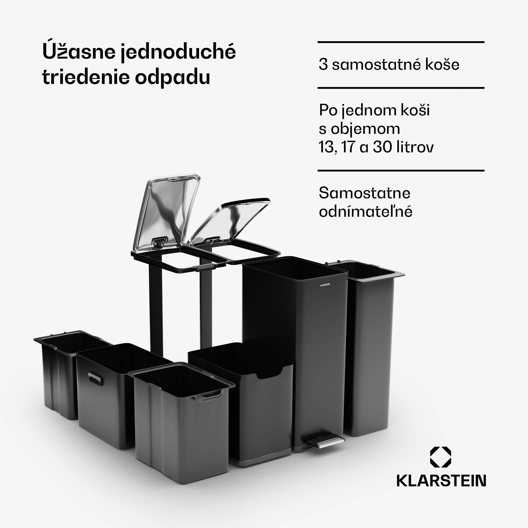 Klarstein Tiyo 3 v 1, kôš na odpadky, 60 litrov, vyberateľný kôš, s mäkkým zatváraním – Obrázok 2