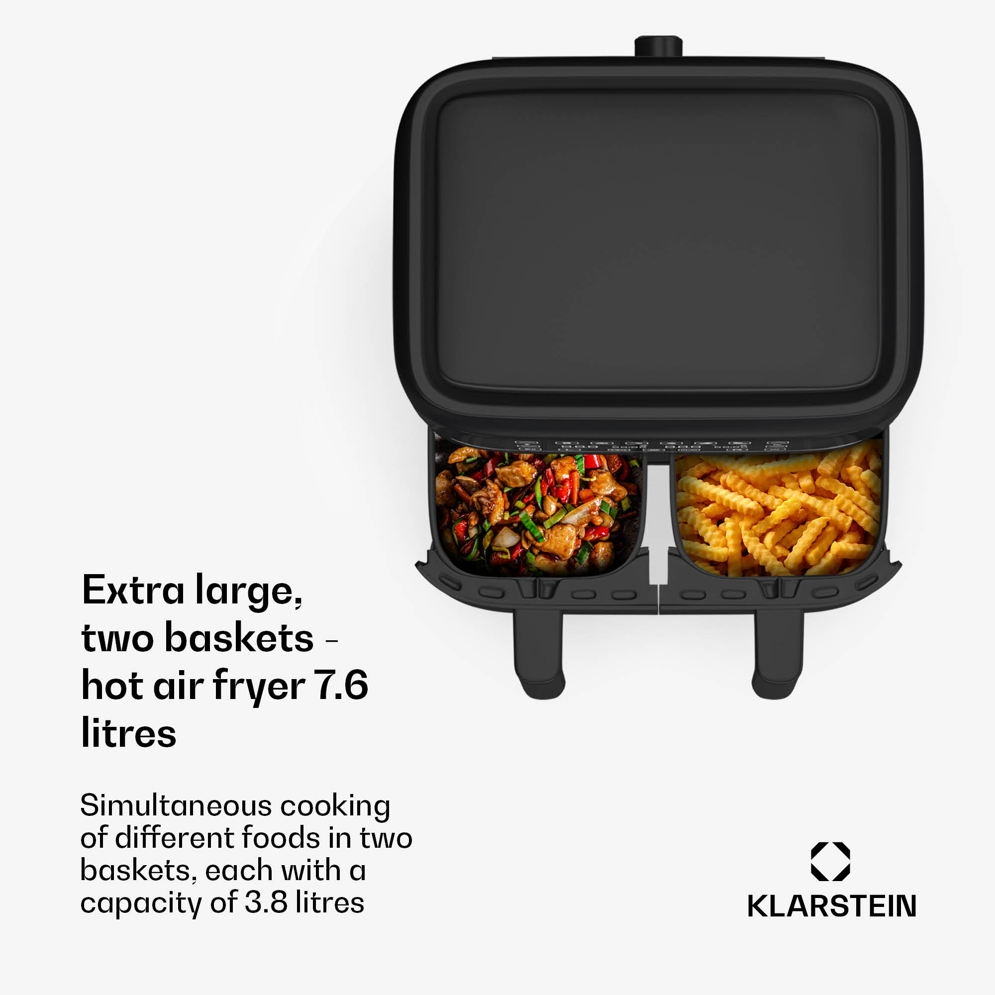 Klarstein VitaFry Duo Skylight, teplovzdušná fritéza, 2850 W, 7,6 l, 2 varné zóny, 6 programov – Obrázok 2