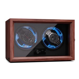 Klarstein Brienz 2, naťahovač hodiniek, 2 hodinky, 4 režimy, drevený vzhľad, modré vnútorné osvetlenie