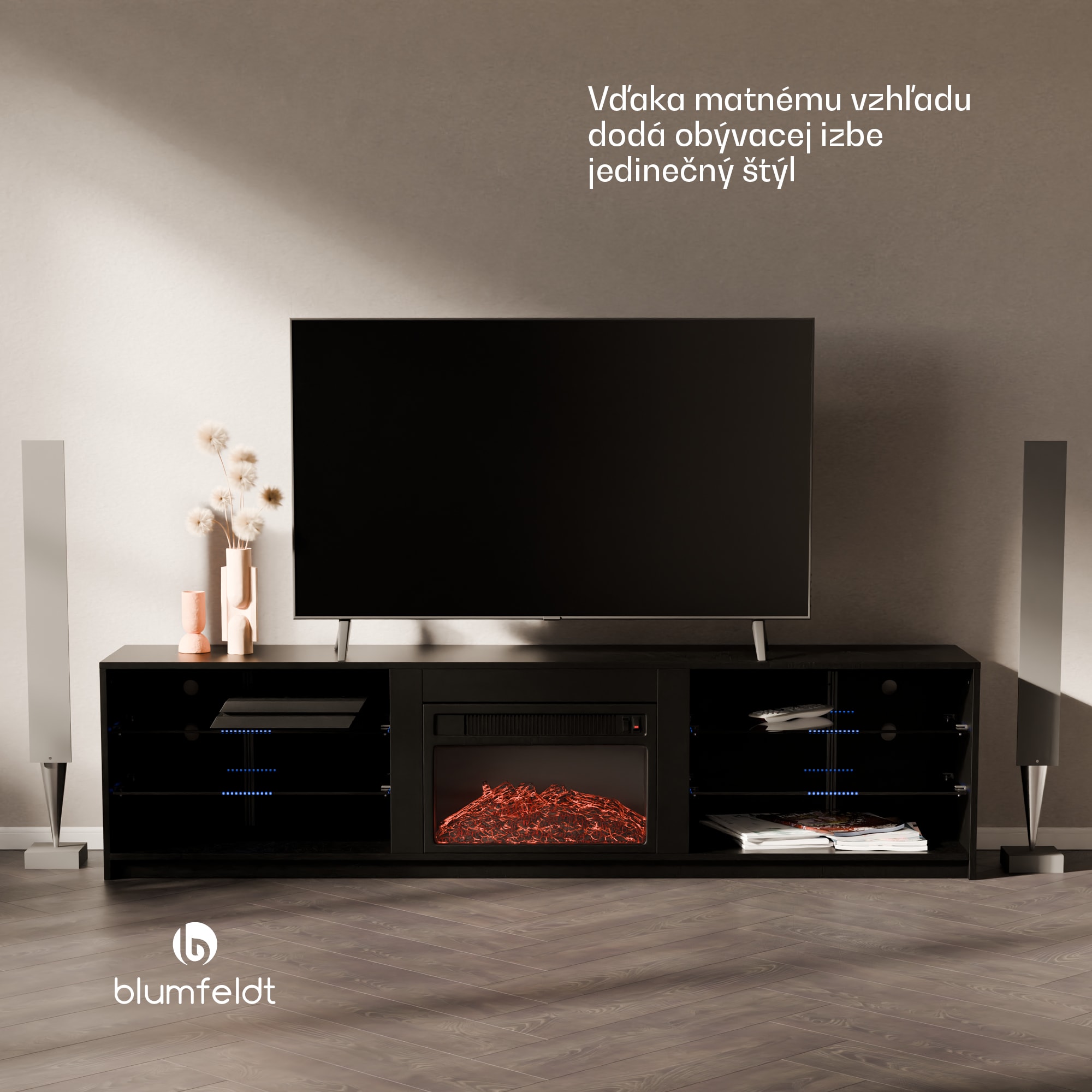 Blumfeldt Perth Medium Lowboard TV skrinka s elektrickým krbom, 160 x 40 x 30 cm, LED – Obrázok 2