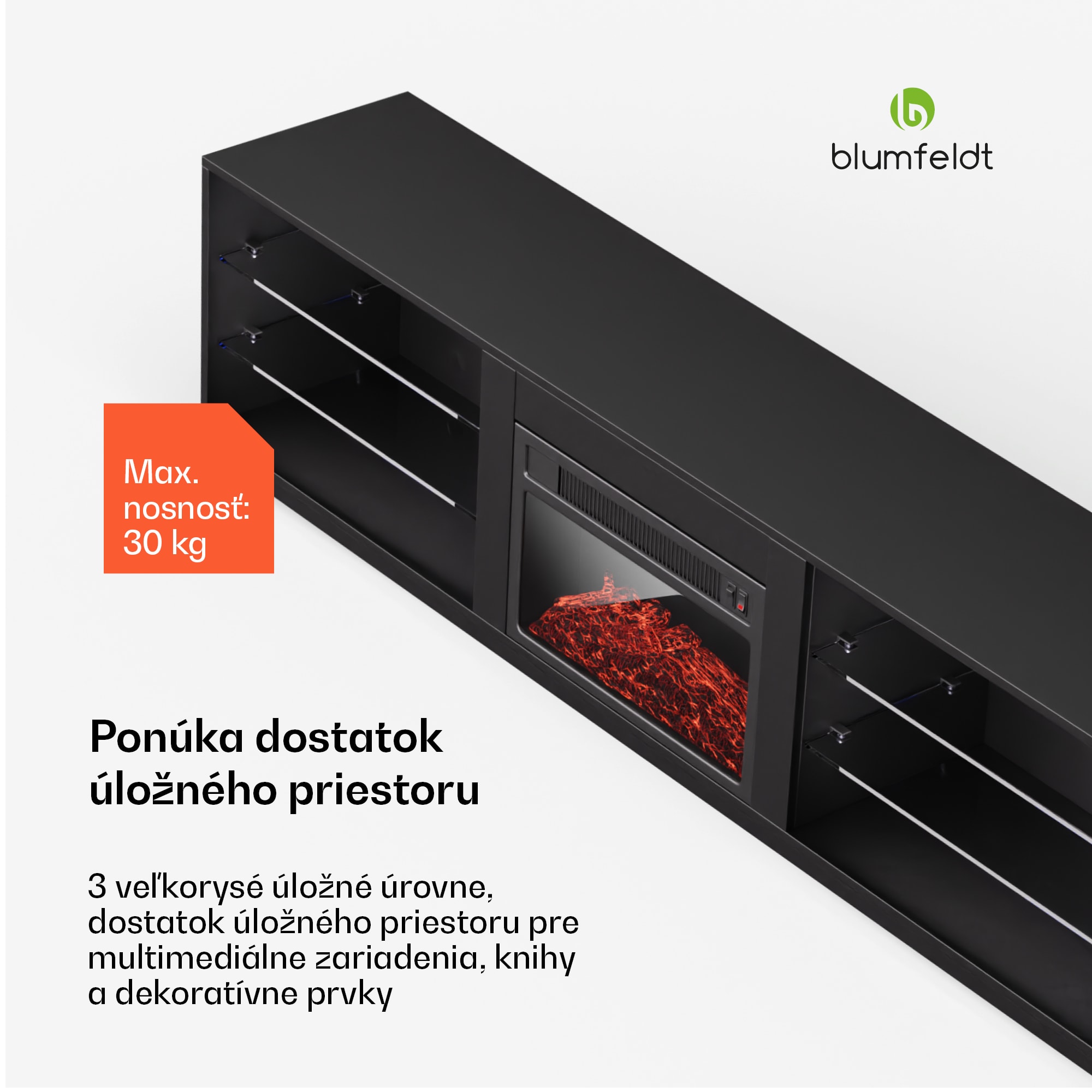 Blumfeldt Perth Medium Lowboard TV skrinka s elektrickým krbom, 160 x 40 x 30 cm, LED – Obrázok 4