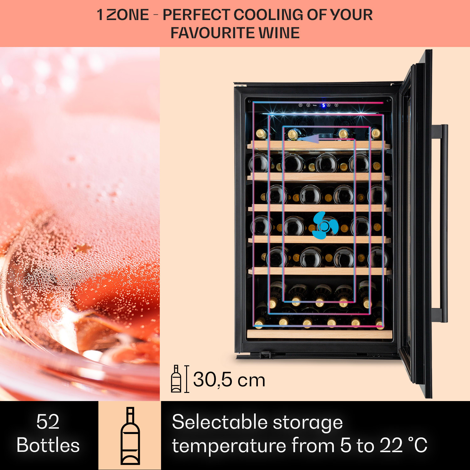 Klarstein Vinsider 52 Built-In Uno, vstavaná vinotéka, 137 l, 52 fliaš, nehrdzavejúca oceľ – Obrázok 3