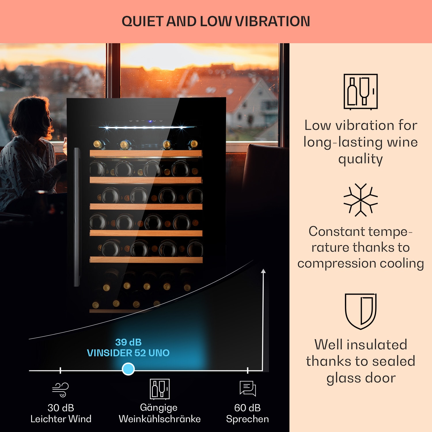Klarstein Vinsider 52 Built-In Uno, vstavaná vinotéka, 137 l, 52 fliaš, nehrdzavejúca oceľ – Obrázok 4
