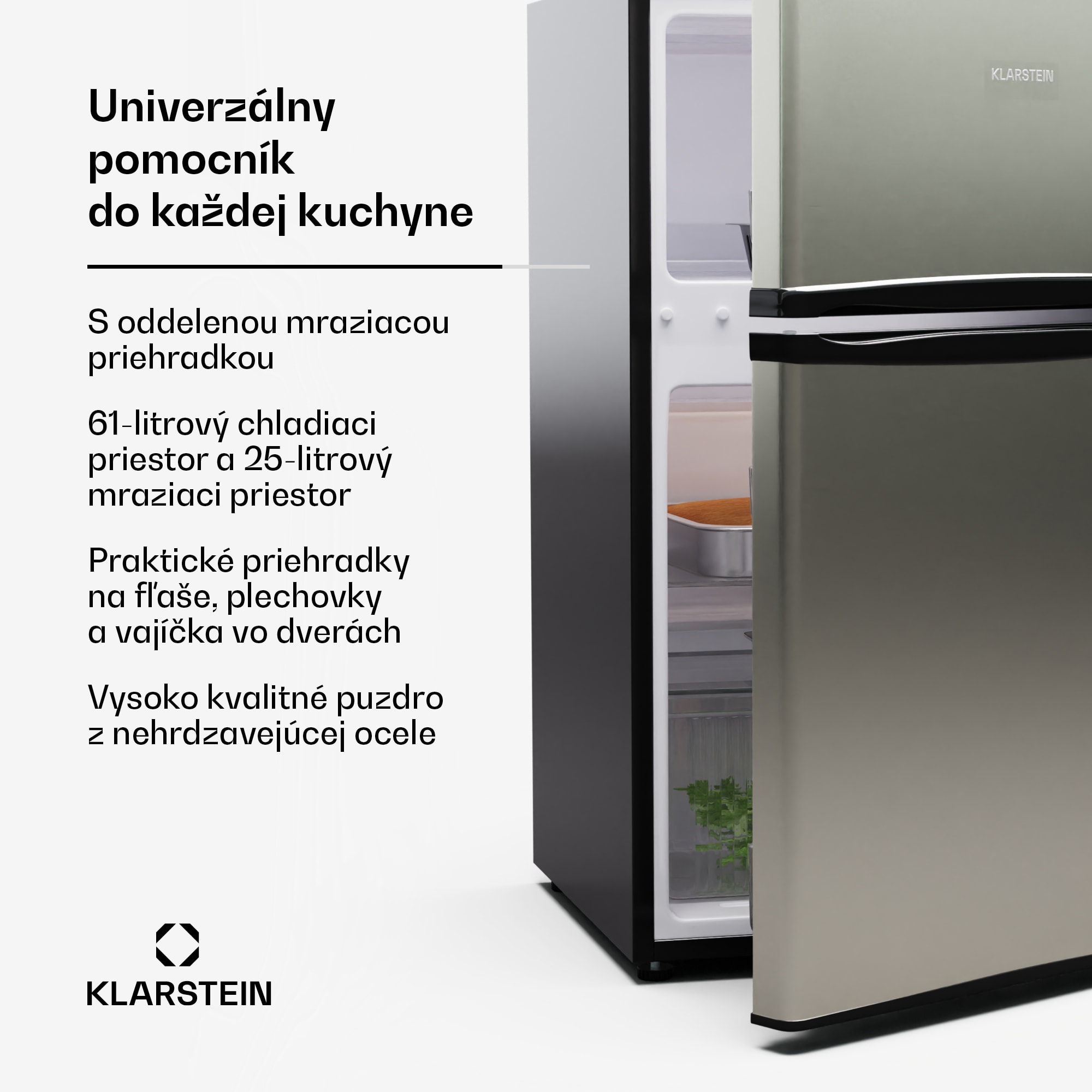 Klarstein Big Daddy Cool, chladnička s mrazničkou, 61/25 l, 2 úrovne, nehrdzavejúca oceľ – Obrázok 2