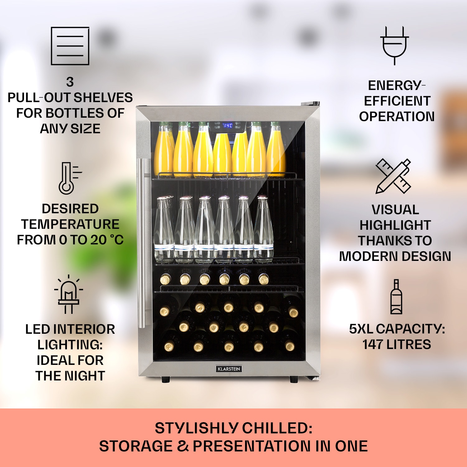 Klarstein Beersafe 5XL, chladnička, 148 l, 3 police, panoramatické sklenené dvere, nehrdzavejúca oceľ – Obrázok 2