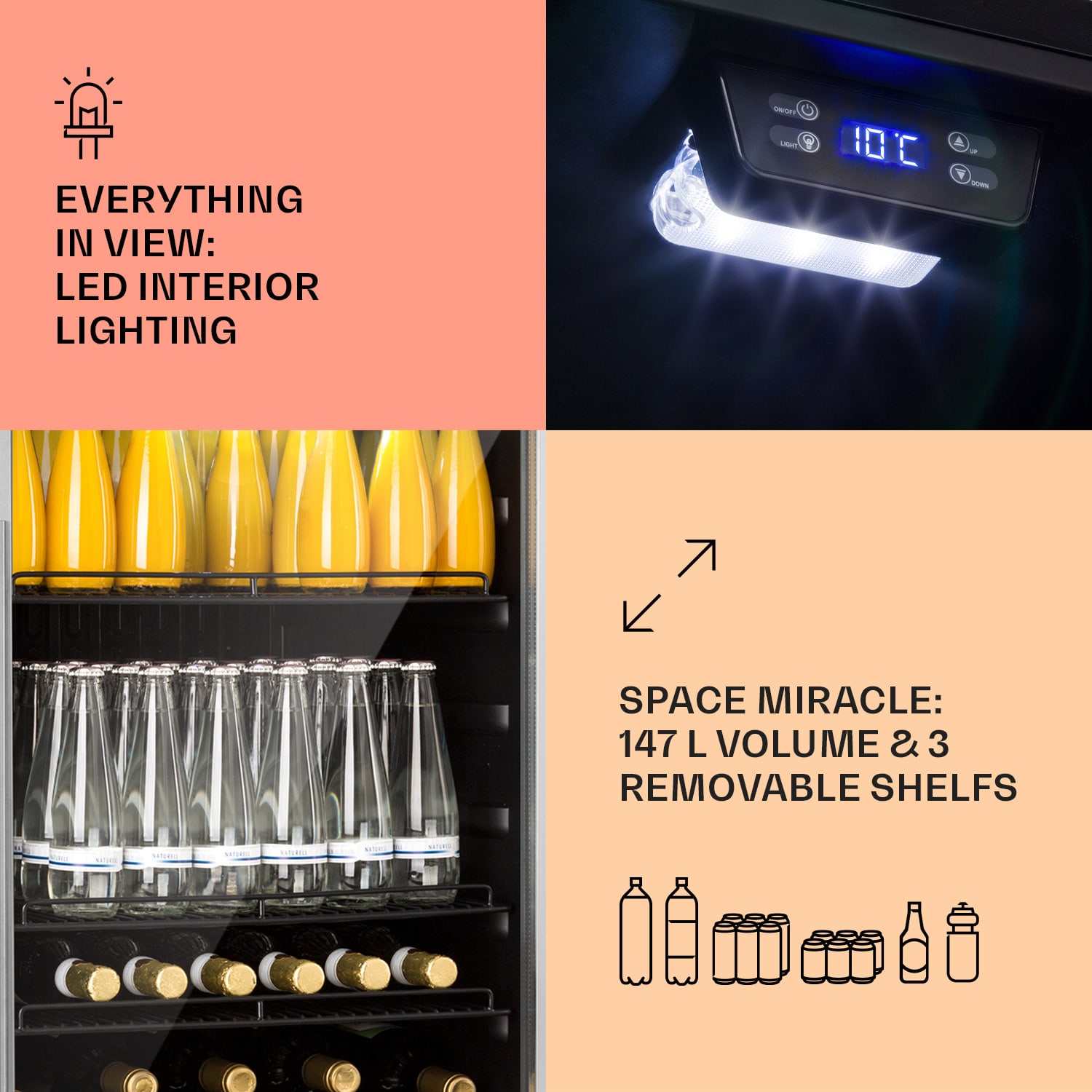 Klarstein Beersafe 5XL, chladnička, 148 l, 3 police, panoramatické sklenené dvere, nehrdzavejúca oceľ – Obrázok 3