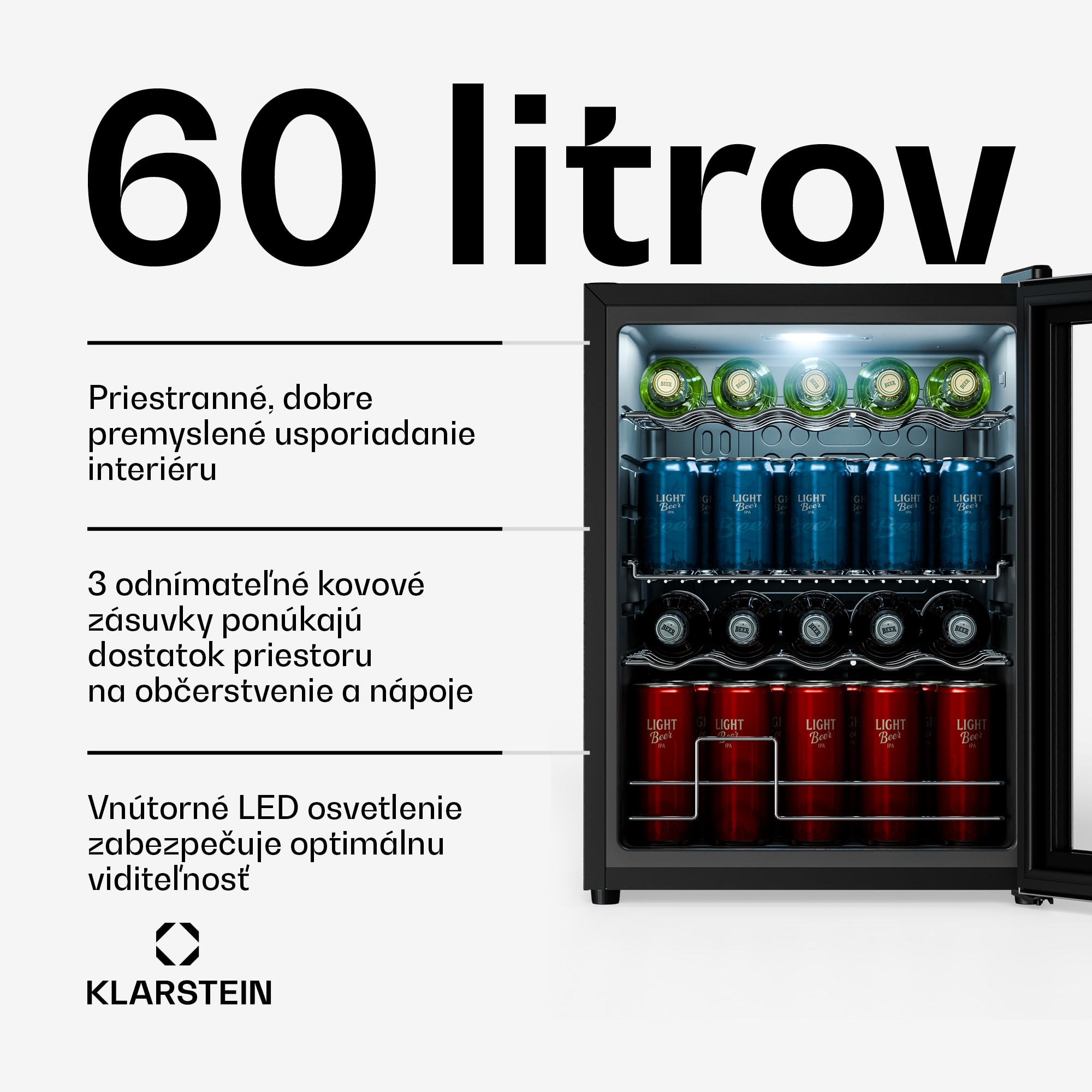Klarstein Beersafe chladnička na nápoje so sklenenými dverami | 64 x 48 cm | Vnútorné LED osvetlenie | Strieborno-čierna – Obrázok 2
