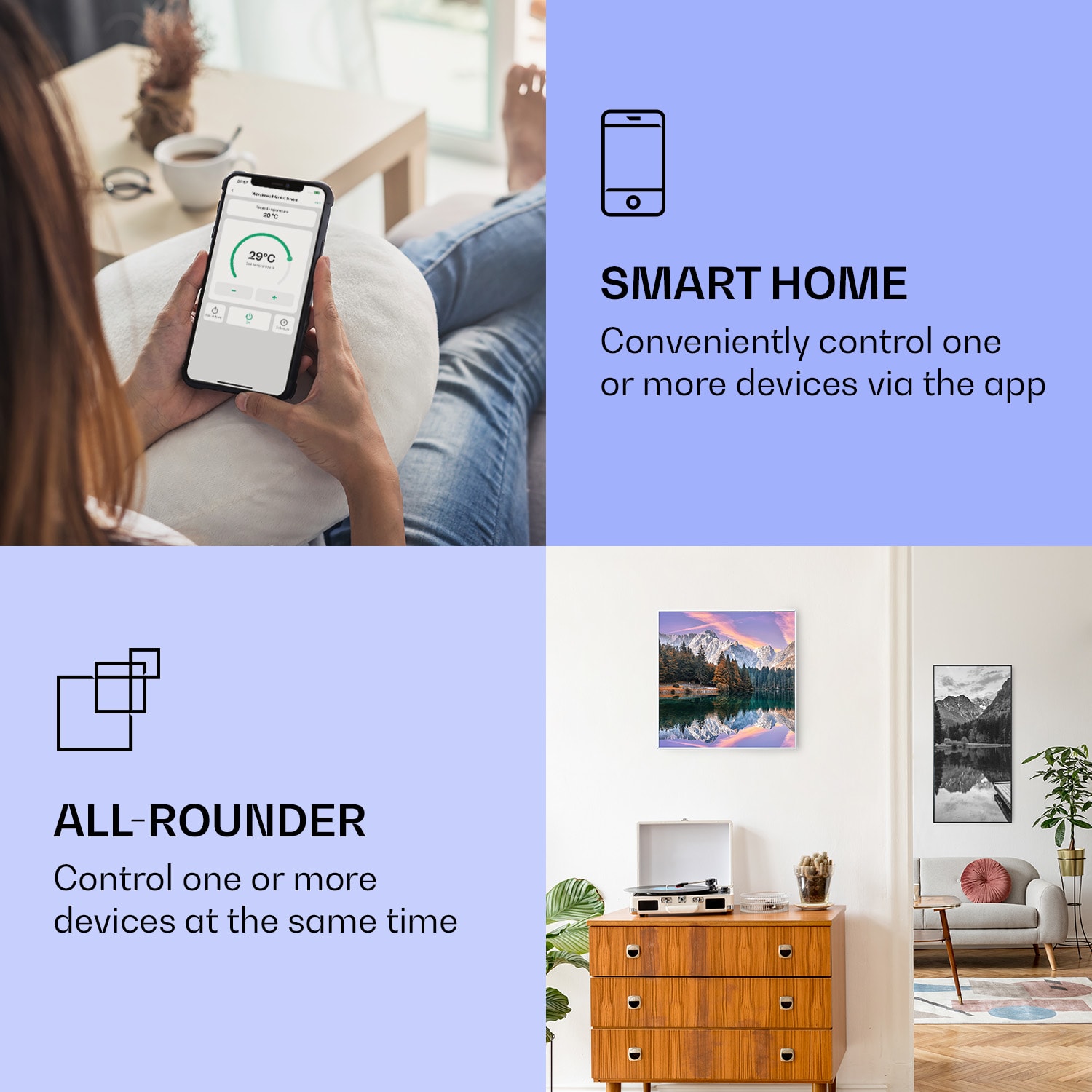 Klarstein Wonderwall Air Art Smart, infračervený ohrievač, 60 x 60 cm, 350 W, more – Obrázok 2