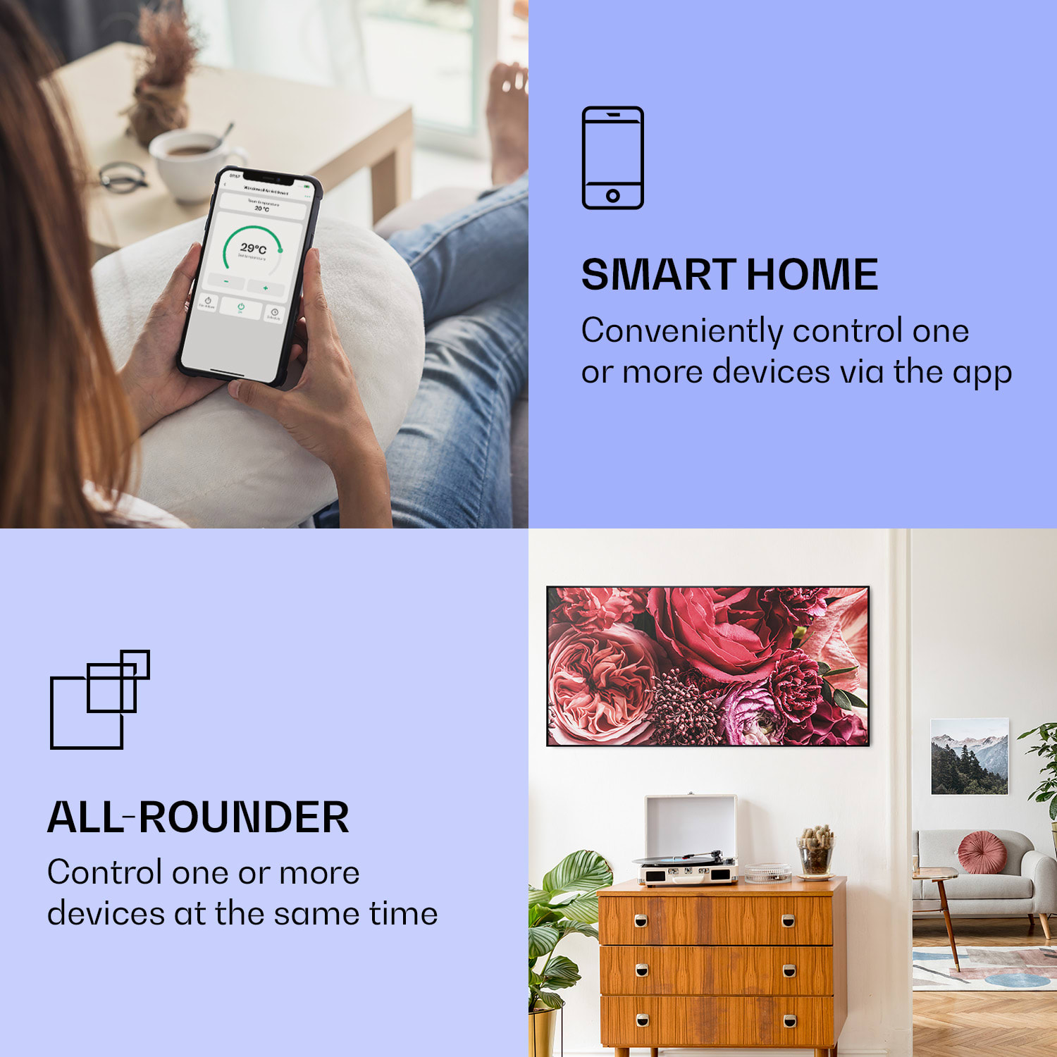 Klarstein Wonderwall Air Art Smart, infračervený ohrievač, 120 x 60 cm, 700 W, kvet – Obrázok 2