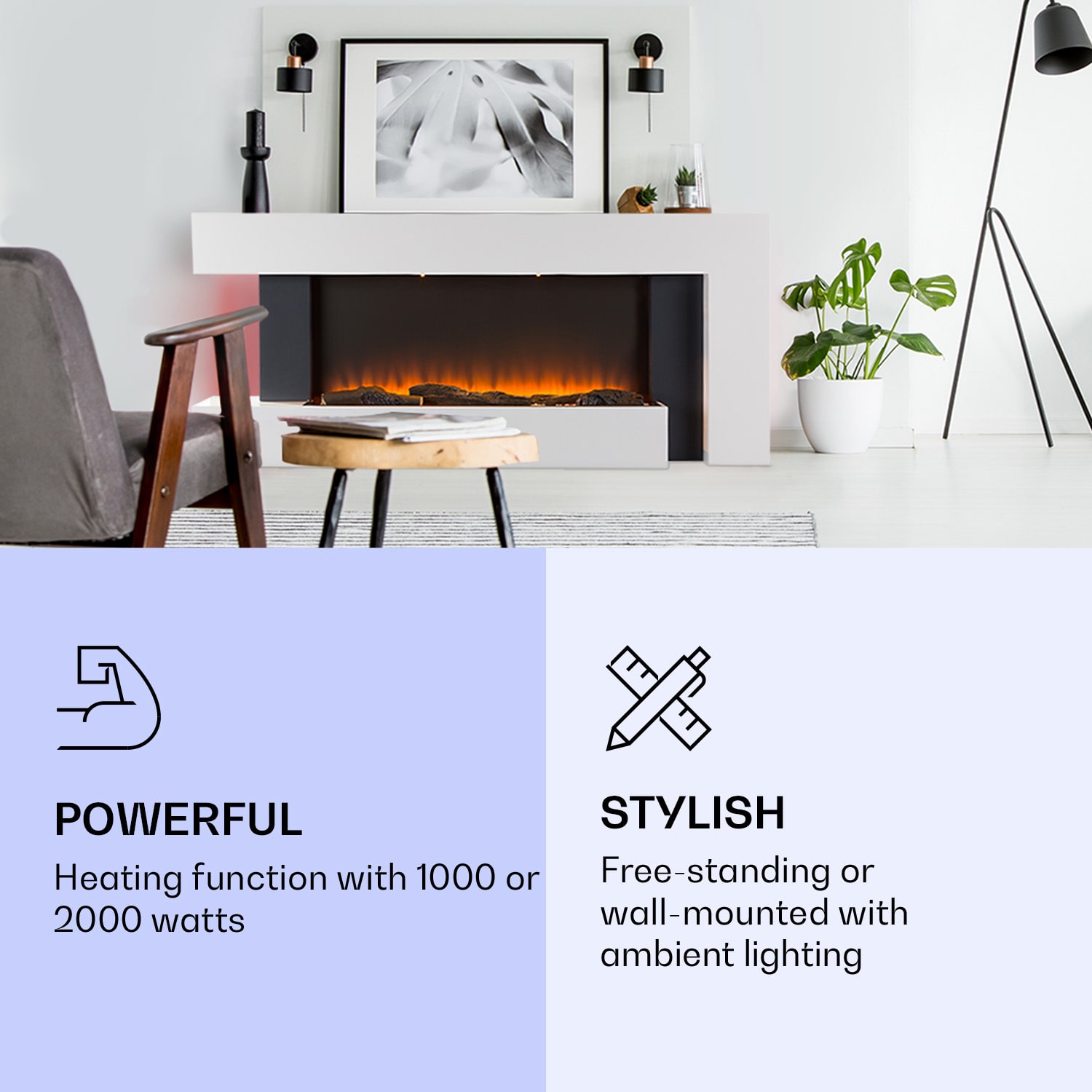 Klarstein Studio Light & Fire 2 Smart, krb, 1000/2000 W, MDF, WiFi Control – Obrázok 3