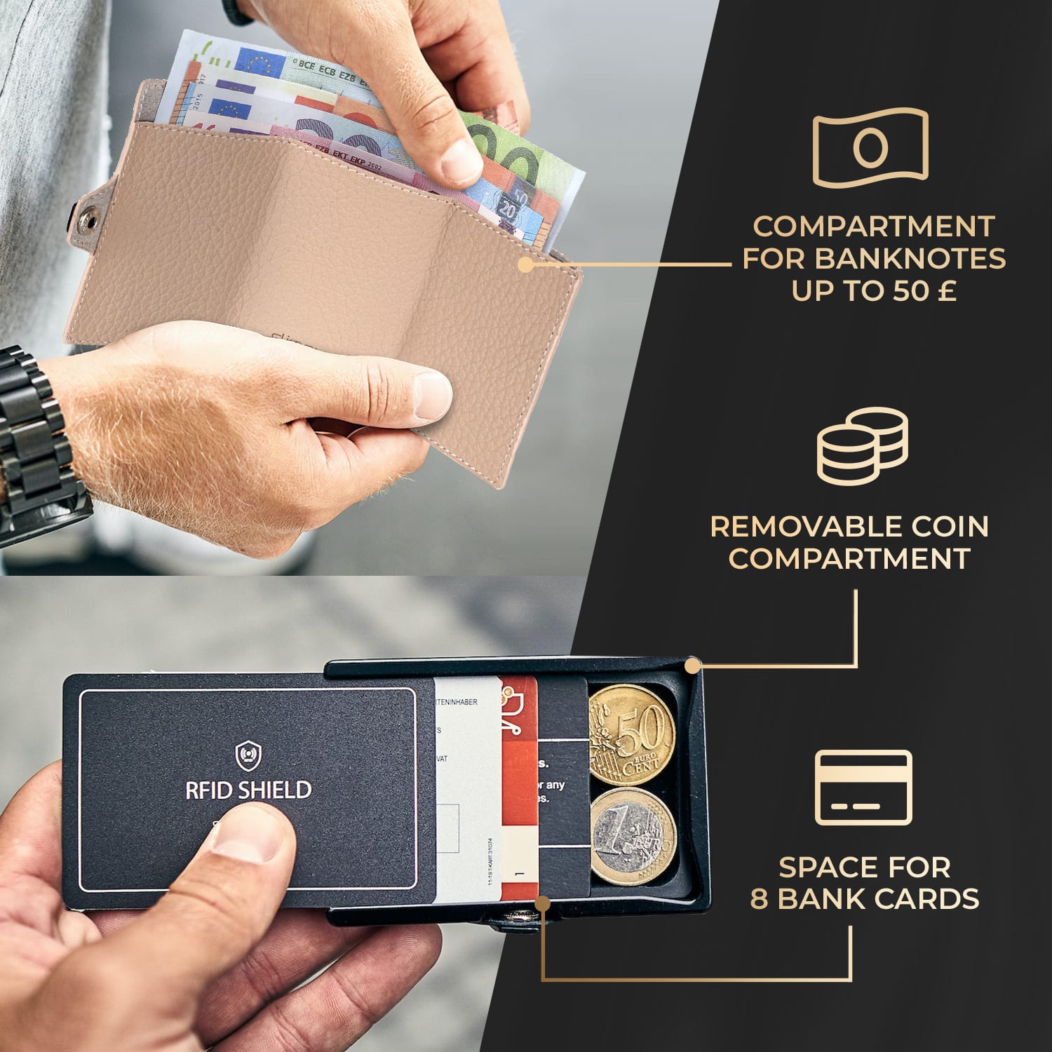 Slimpuro ZNAP Slim Wallet, 8 kariet, priehradka na mince, 8,9 x 1,5 x 6,3 cm (Š x V x H), ochrana RFID – Obrázok 2