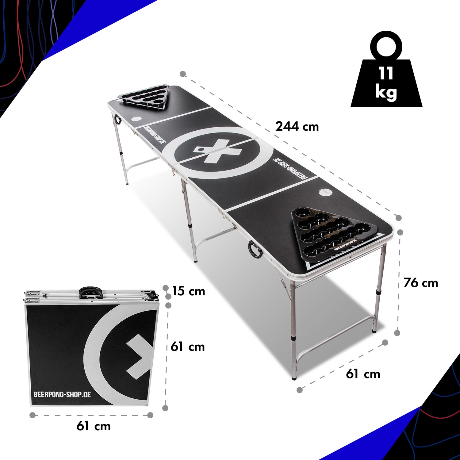 BeerCup Baseliner, súprava so stolom na beer pong, audio, držadlá, držiak na loptičky, 6 loptičiek – Obrázok 4