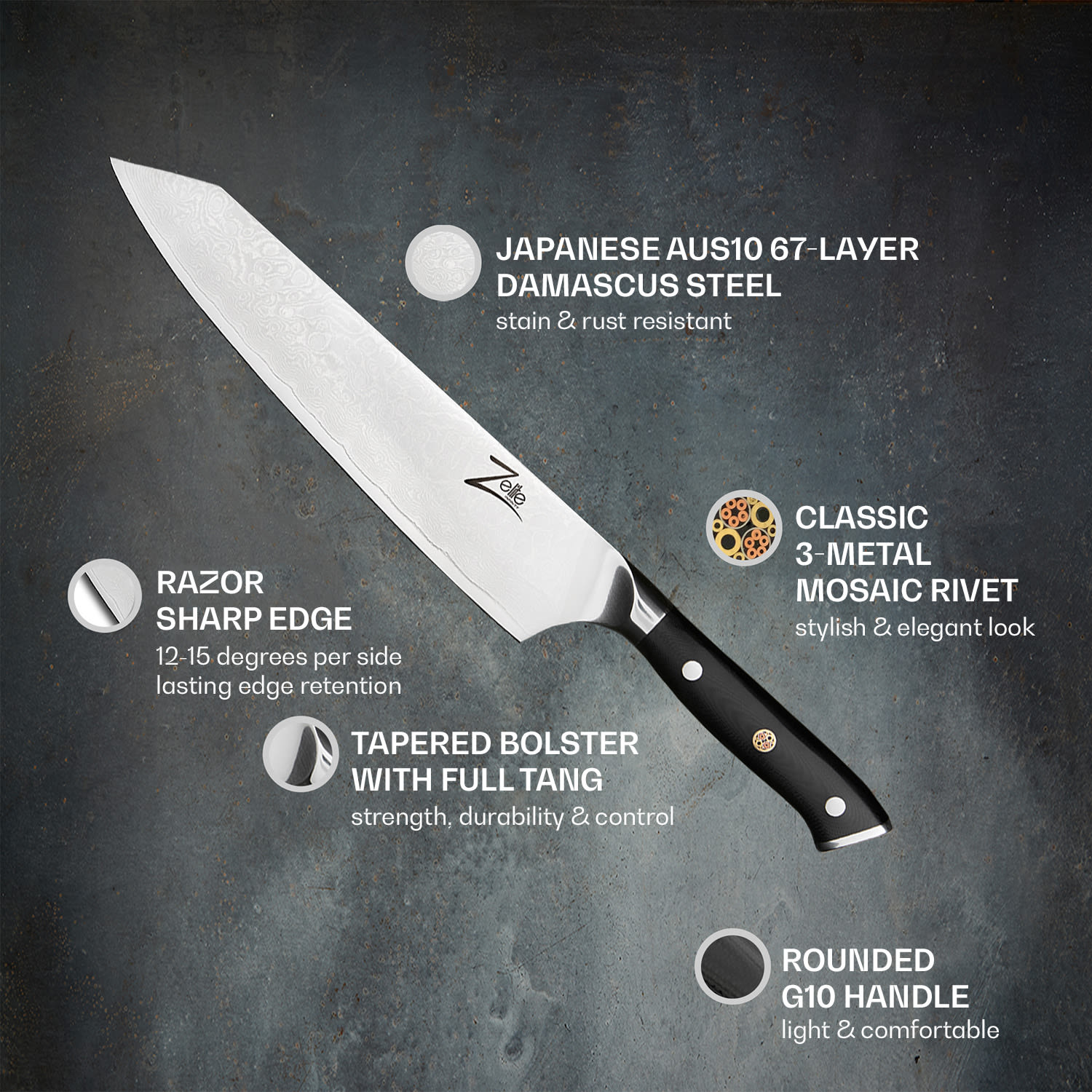 Zelite Infinity by Klarstein Alpha-Royal Japanese Series, 9" nôž kiritsuke, damašková oceľ – Obrázok 2