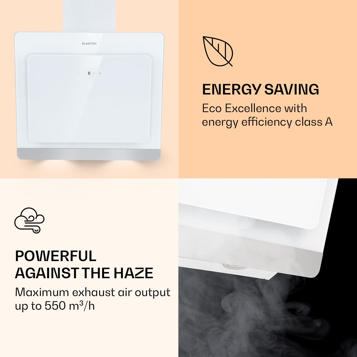 Klarstein Aurora Eco 90, digestor, 90 cm, nástenný, 550 m³/h, A+, dotykové ovládanie, biely – Obrázok 3