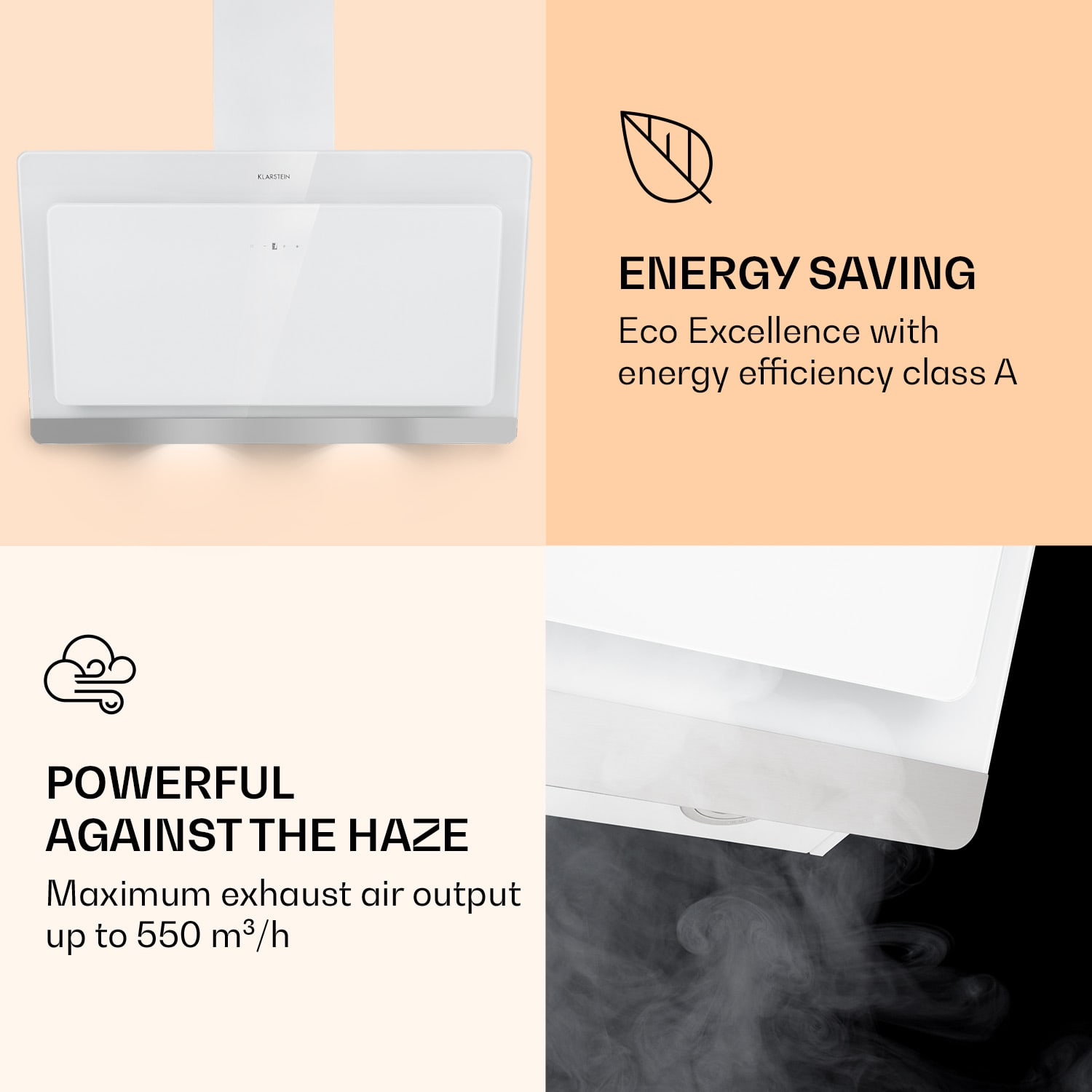 Klarstein Aurora Eco 60, digestor, 60 cm, nástenný, 550 m³/h, A+, dotykové ovládanie, biely – Obrázok 3