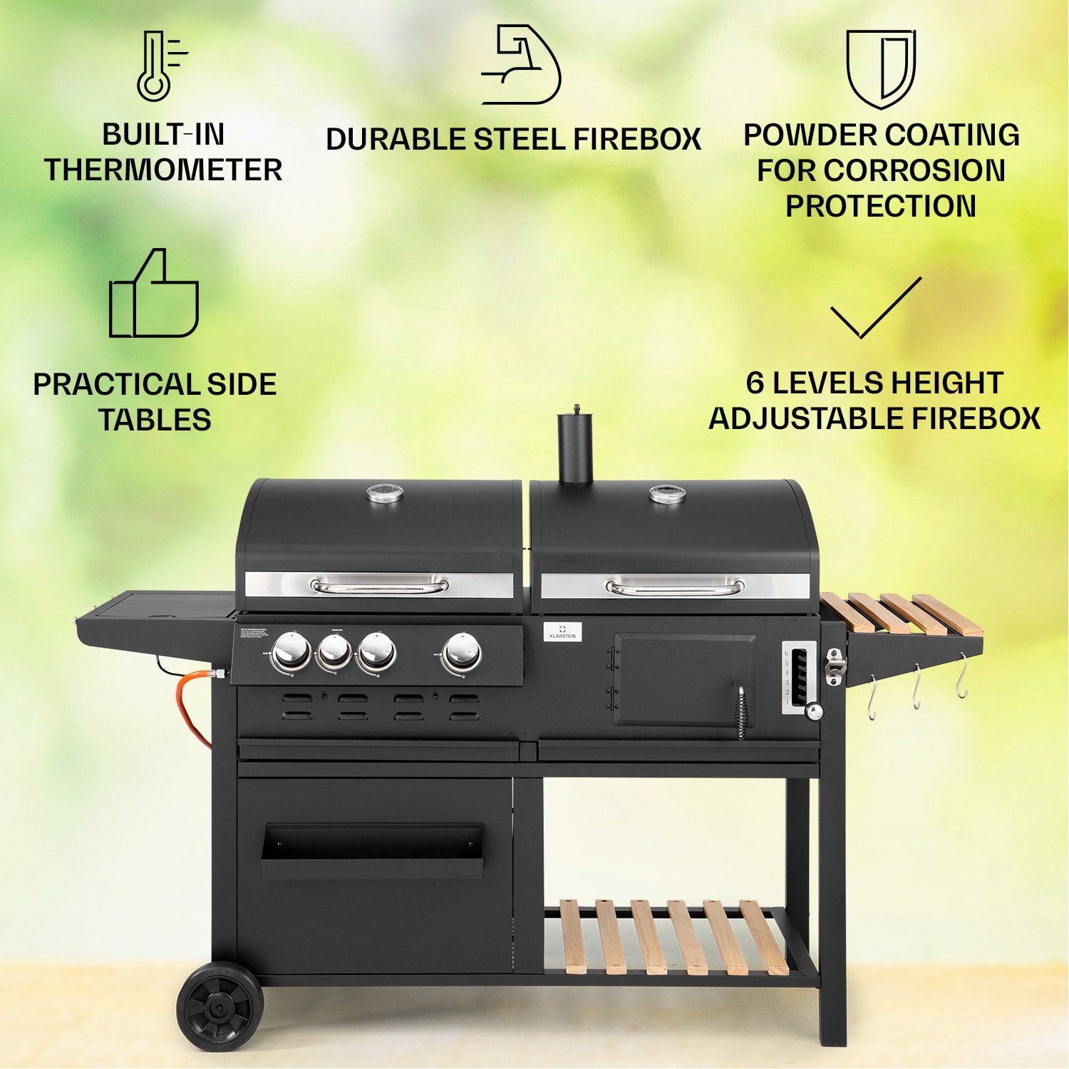 Klarstein Aberdeen, Kombinovaný gril, plyn, drevené uhlie, Údiare,ň Termometer 2 bočné stolíky Mobilný – Obrázok 2