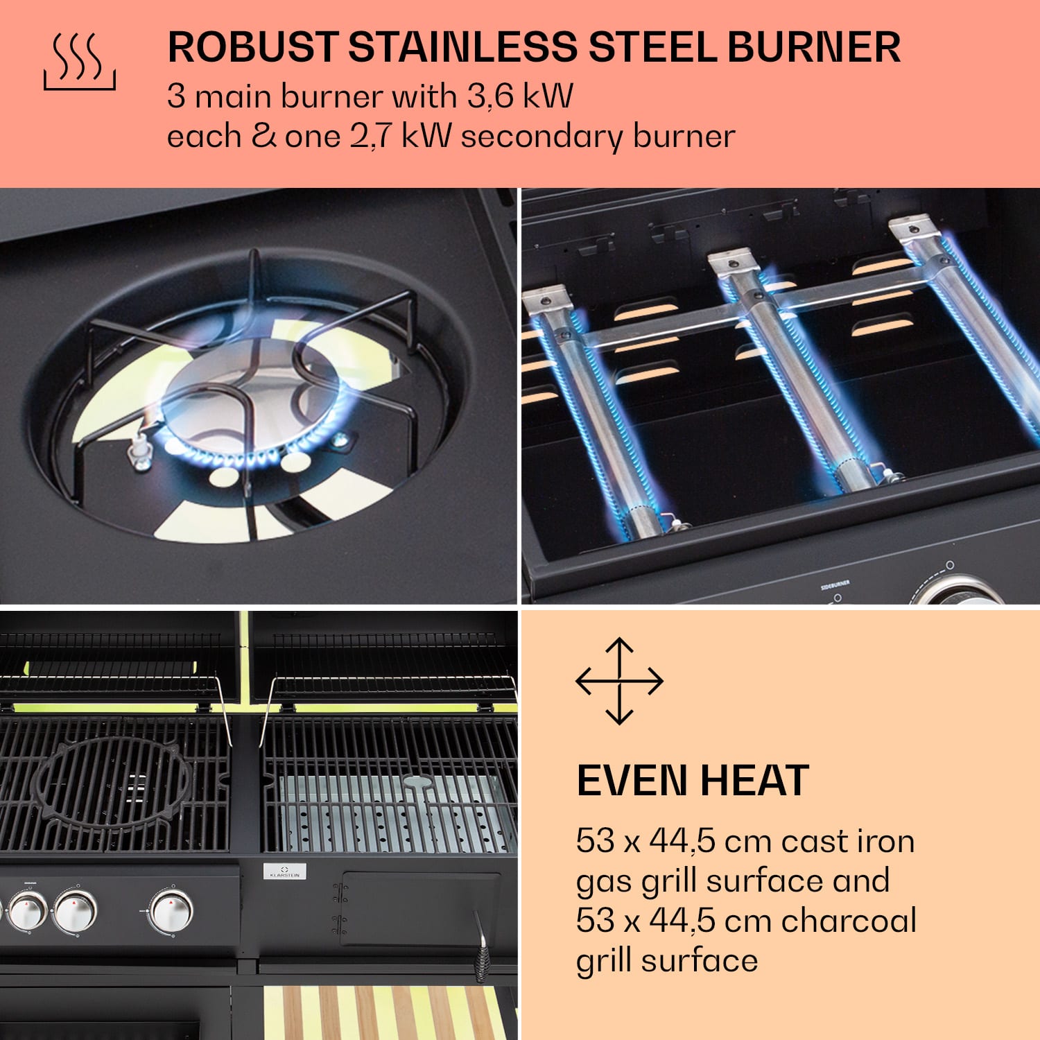 Klarstein Aberdeen, Kombinovaný gril, plyn, drevené uhlie, Údiare,ň Termometer 2 bočné stolíky Mobilný – Obrázok 4