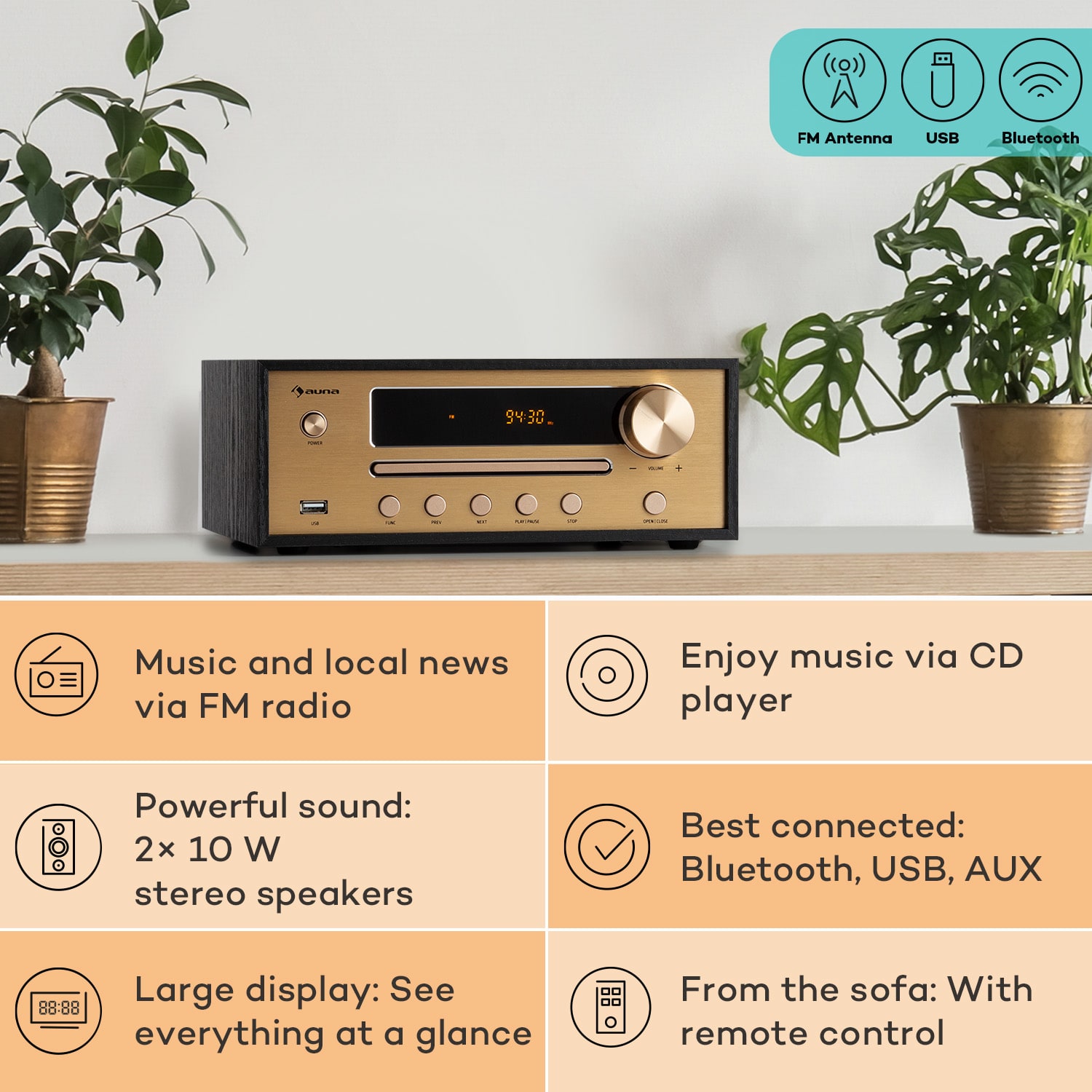 Auna Berklee, HiFi stereo systém, Bluetooth, stereo reproduktory, UWK, MP3, USB, Line-In – Obrázok 2