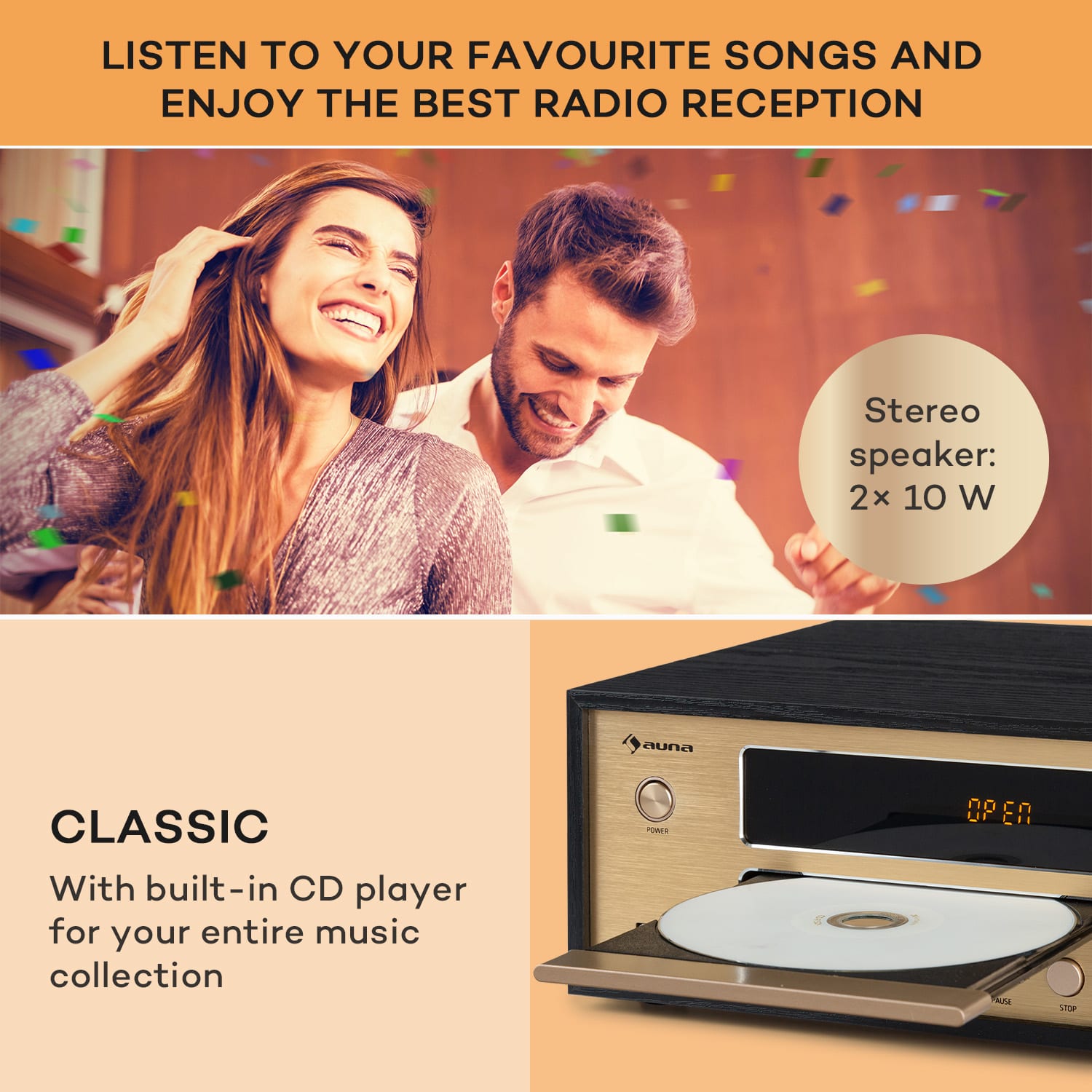 Auna Berklee, HiFi stereo systém, Bluetooth, stereo reproduktory, UWK, MP3, USB, Line-In – Obrázok 3
