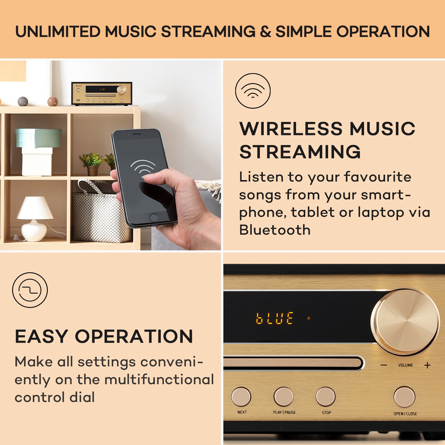 Auna Berklee, HiFi stereo systém, Bluetooth, stereo reproduktory, UWK, MP3, USB, Line-In – Obrázok 4