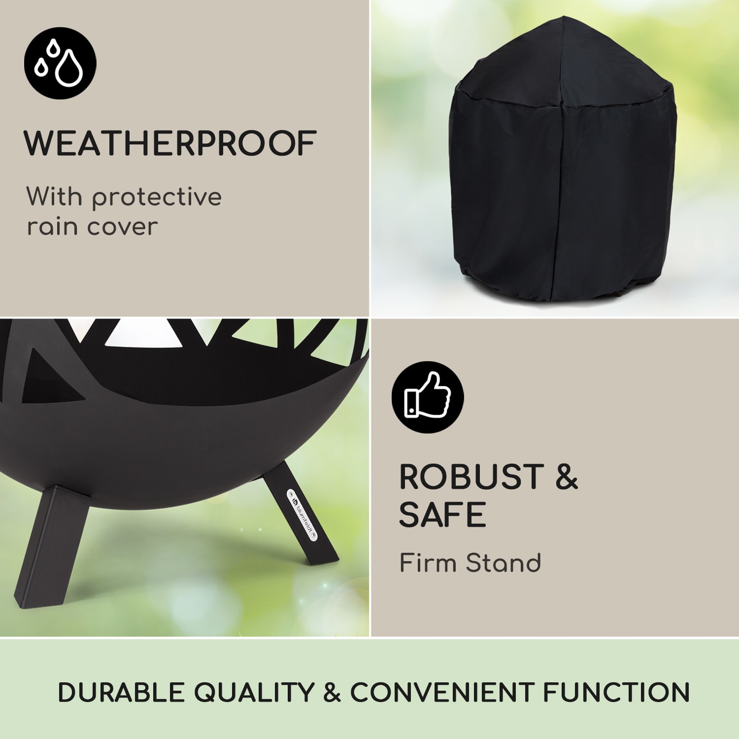 Blumfeldt Colima, ohnisko, Ø 66 cm, guľovitý tvar, rošt na drevené uhlie, popolník – Obrázok 3