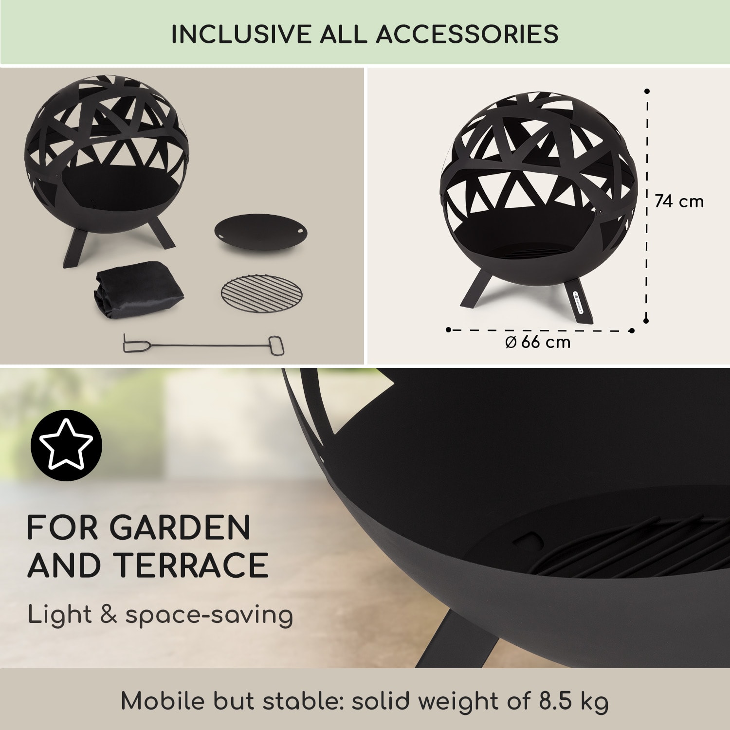 Blumfeldt Colima, ohnisko, Ø 66 cm, guľovitý tvar, rošt na drevené uhlie, popolník – Obrázok 4