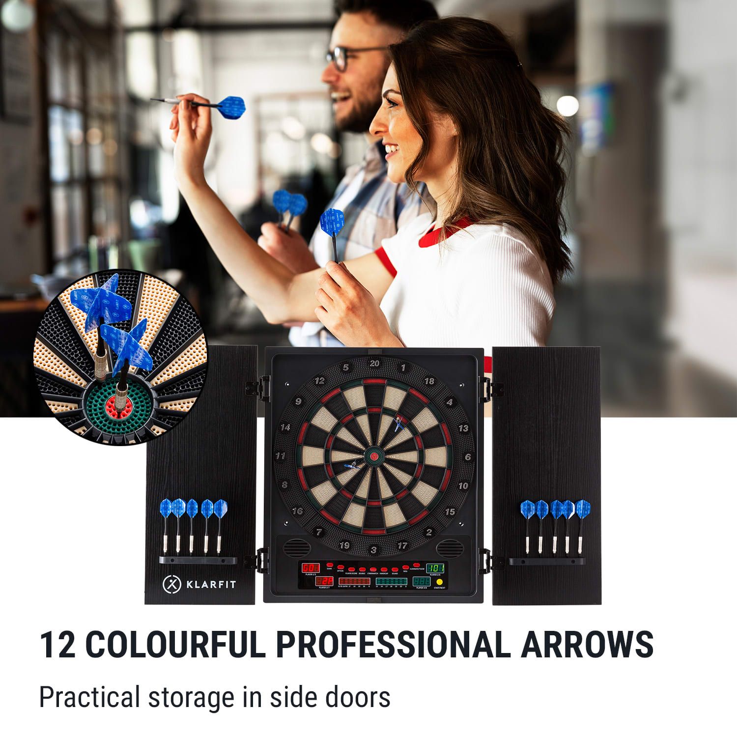 KLARFIT Dartmaster 180 šípky predné dvierka vrátane 12 šípok a 24 šípkových hrotov napájanie montáž na stenu – Obrázok 3