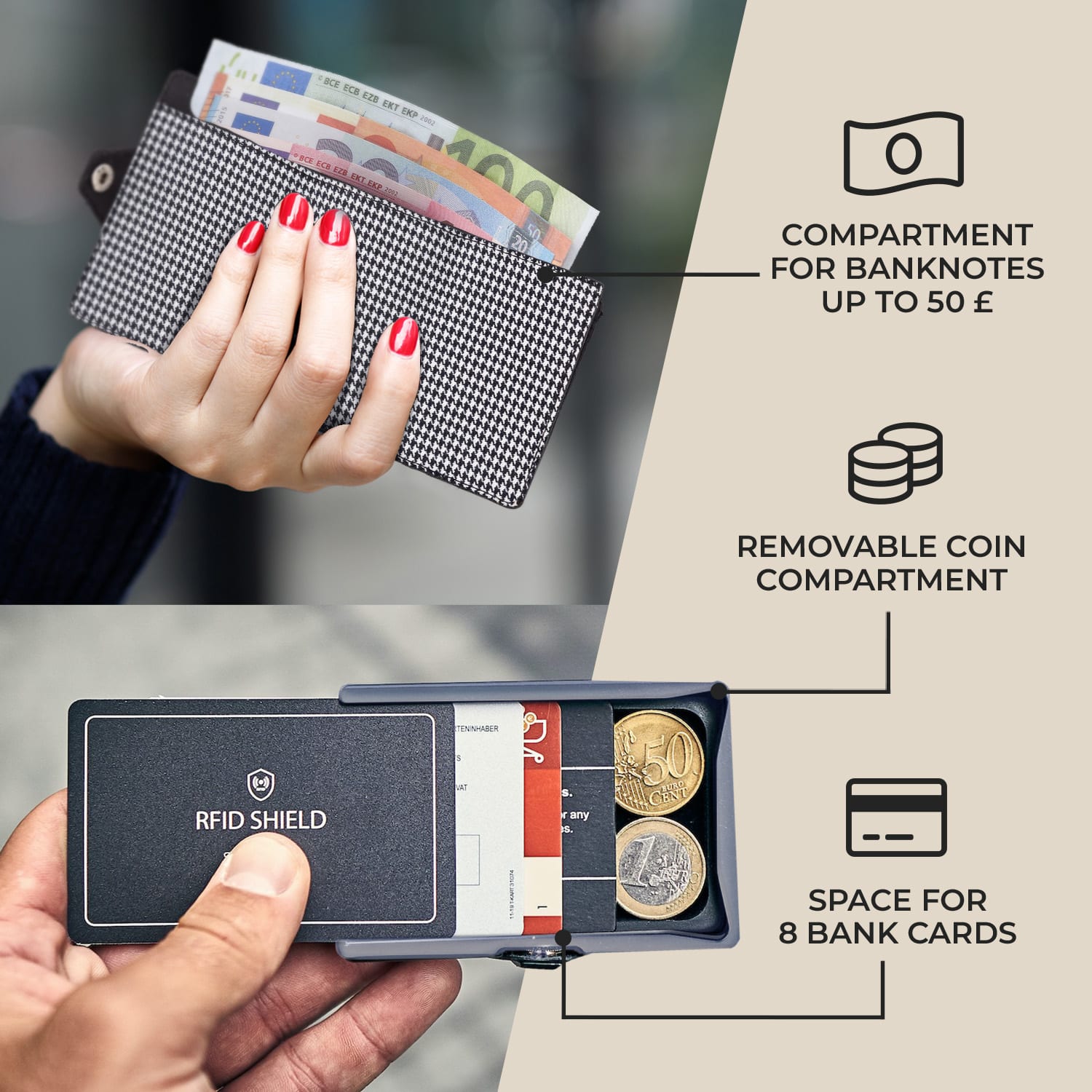 Slimpuro ZNAP Slim Wallet, 8 kariet, priehradka na mince, 8 x 1,5 x 6 cm (Š x V x H), ochrana RFID – Obrázok 2