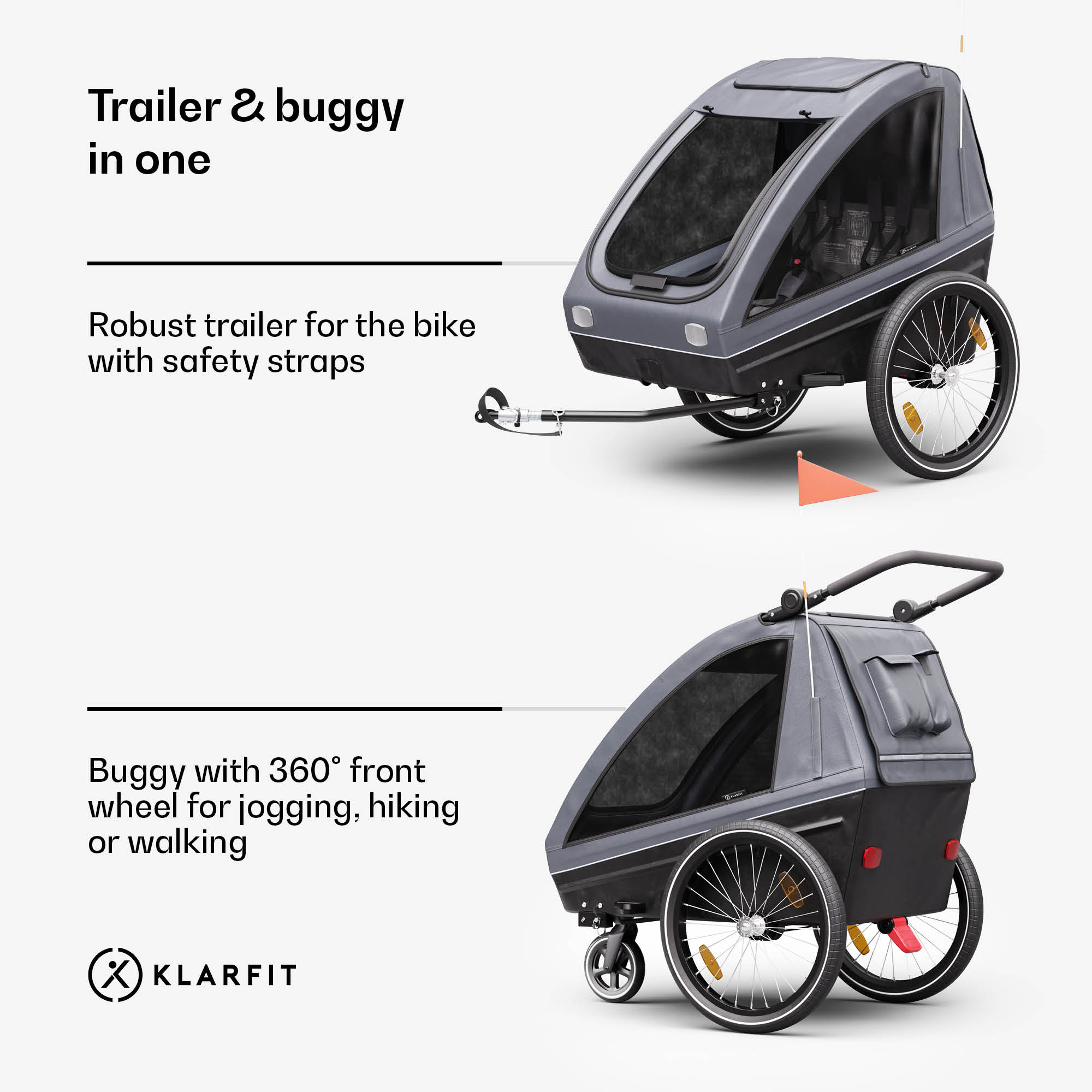 KLARFIT GoKiddo, príves na bicykel, príves/kočík, skladací, integrované brzdy, rastúci, pre 2 deti – Obrázok 3