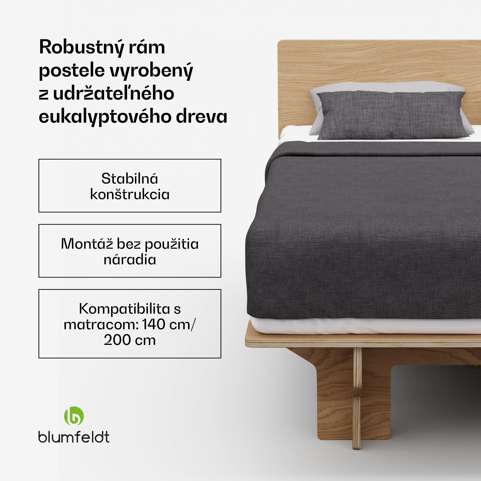 Blumfeldt NordicAura Double rám manželskej postele, 140 cm x 200 cm, robustný, bez náradia, eukalyptové drevo, polička – Obrázok 2