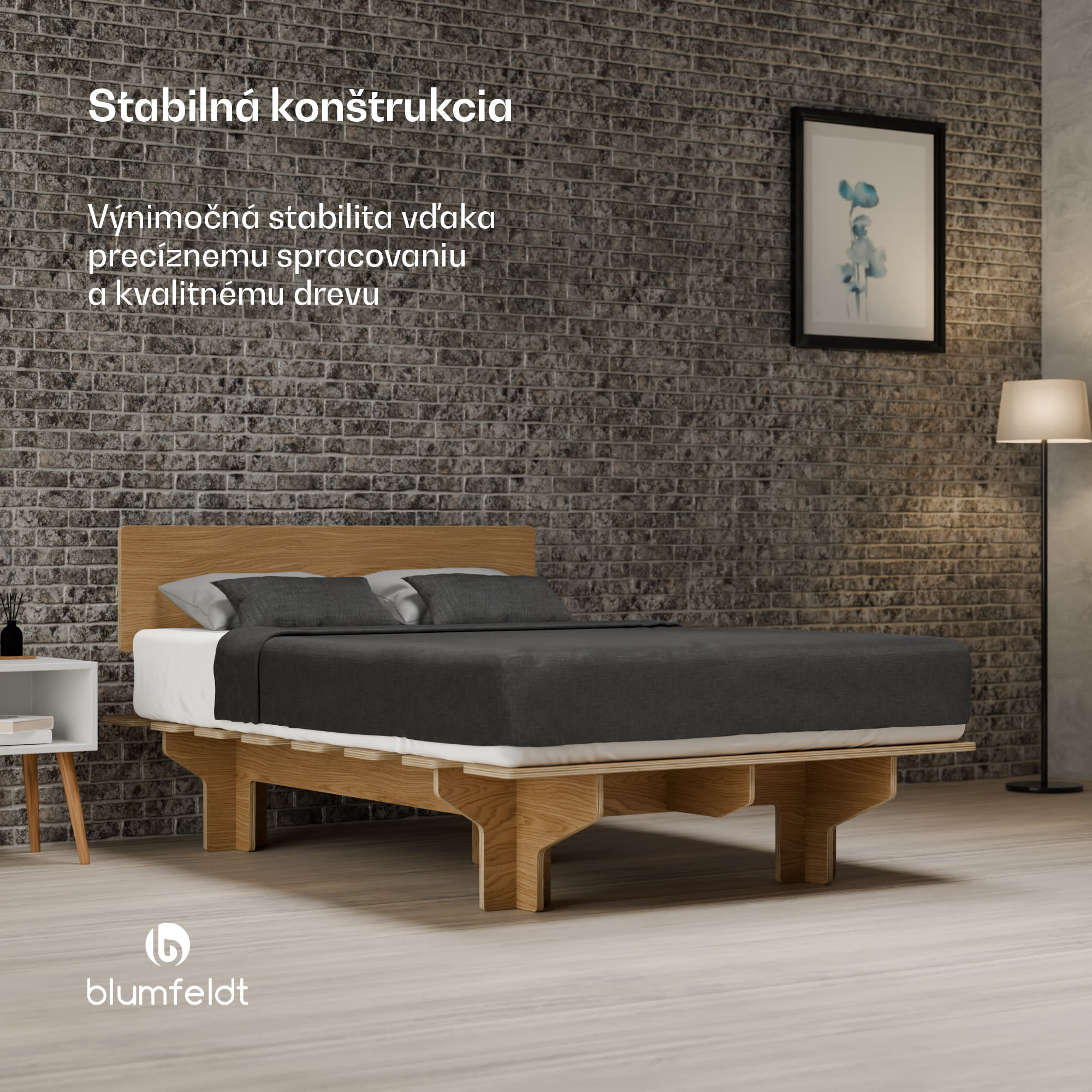 Blumfeldt NordicAura Double rám manželskej postele, 140 cm x 200 cm, robustný, bez náradia, eukalyptové drevo, polička – Obrázok 3