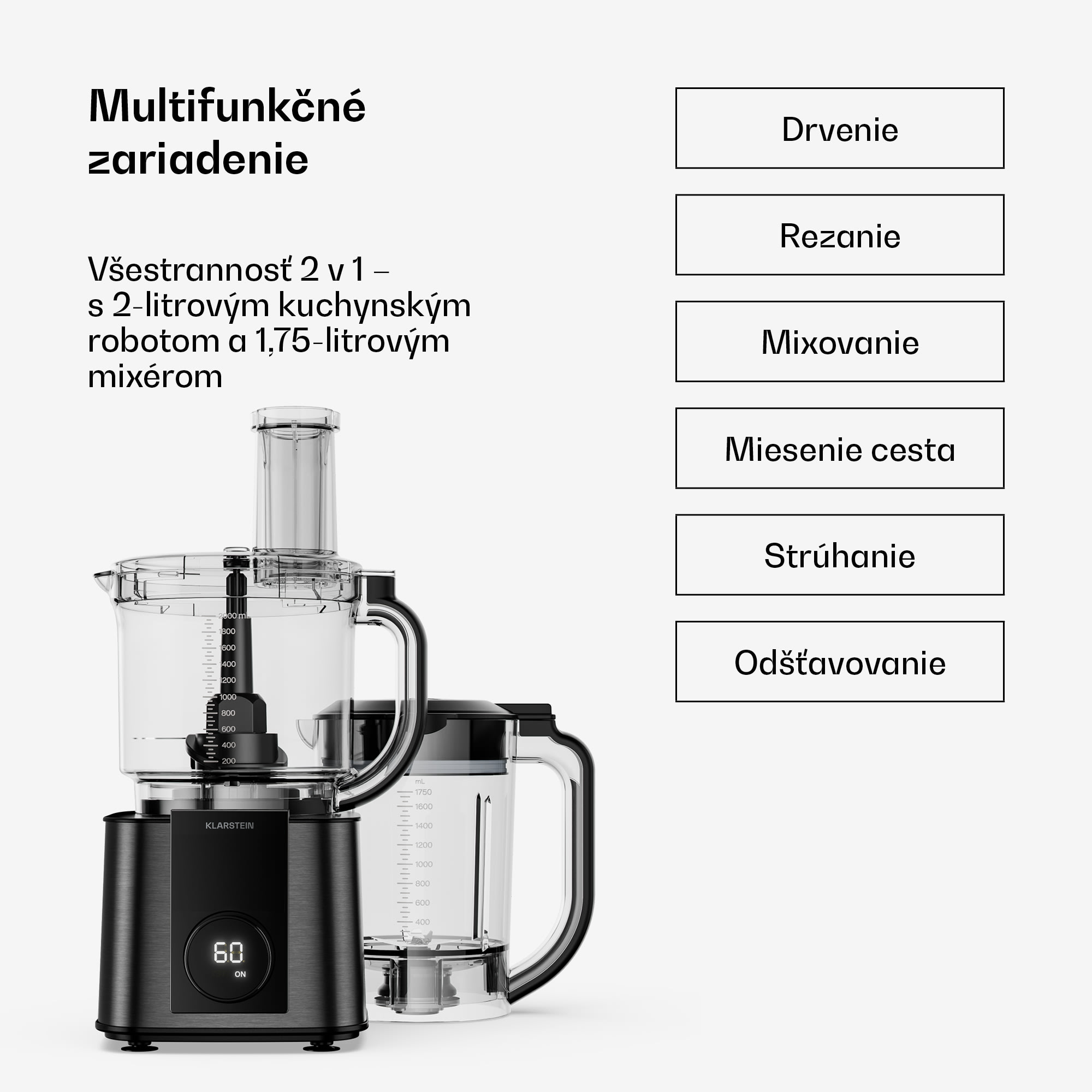 Klarstein Verosteel kuchynský robot s mixérom | miesenie, šľahanie a odšťavovanie | 1200 W | 2 l /1,75 l – Obrázok 3