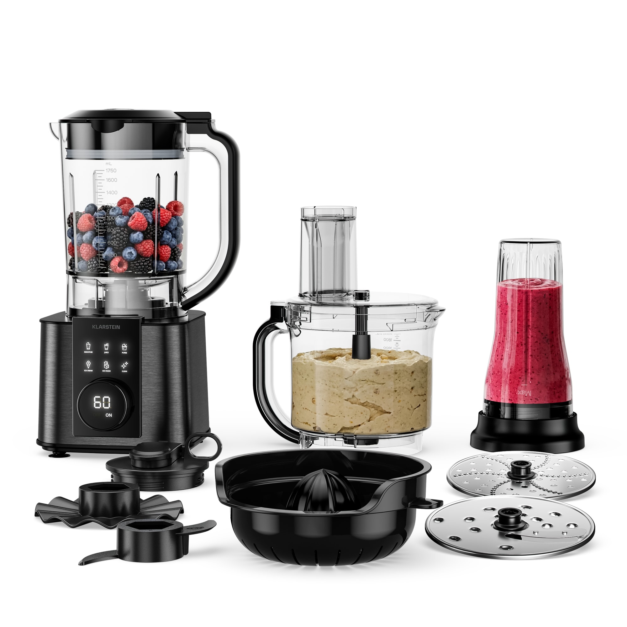 Klarstein Verosteel kuchynský robot s mixérom | miesenie, šľahanie a odšťavovanie | 1200 W | 2 l /1,75 l