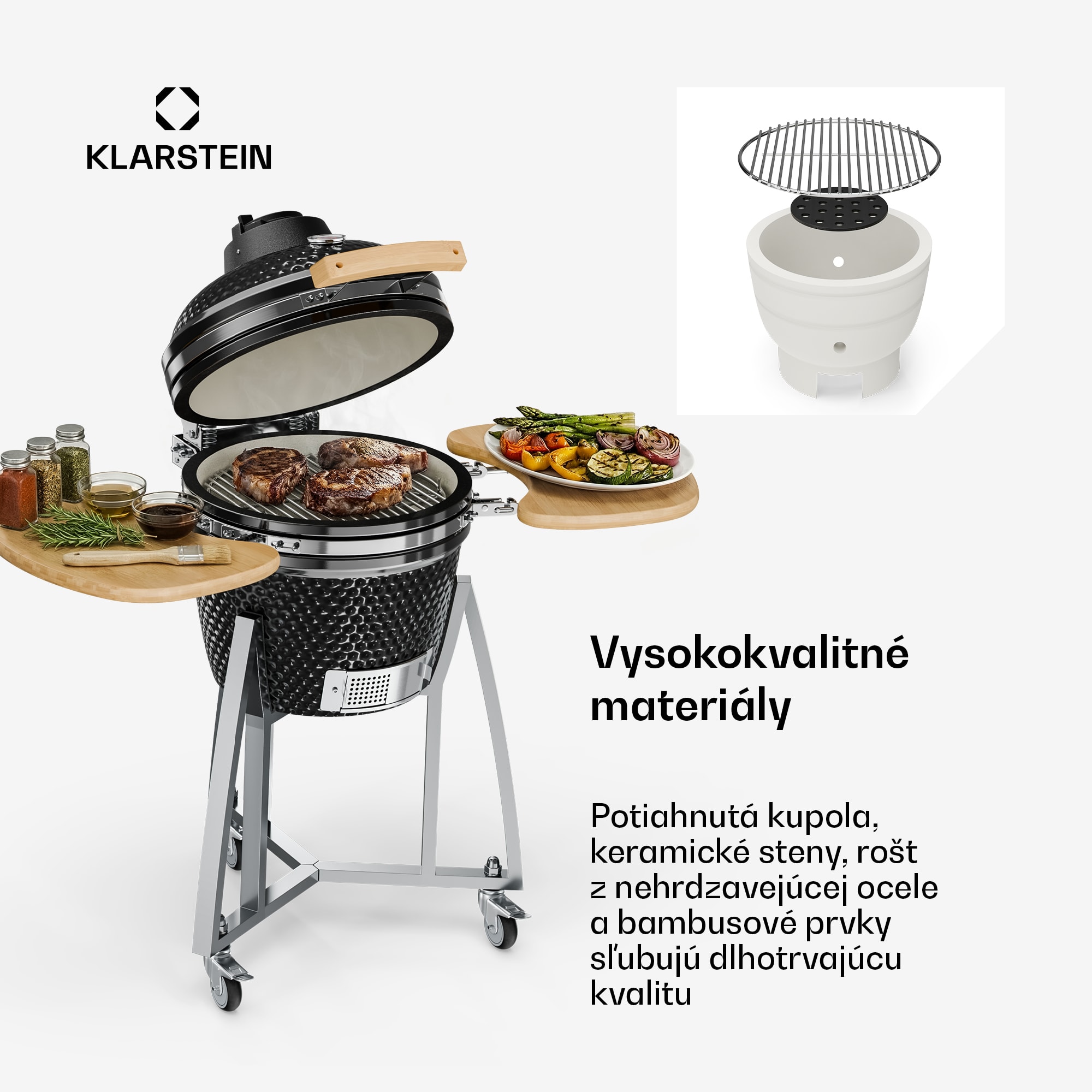 Klarstein Queensize, kamado gril, teplomer, odnímateľné bočné diely, čierny – Obrázok 5