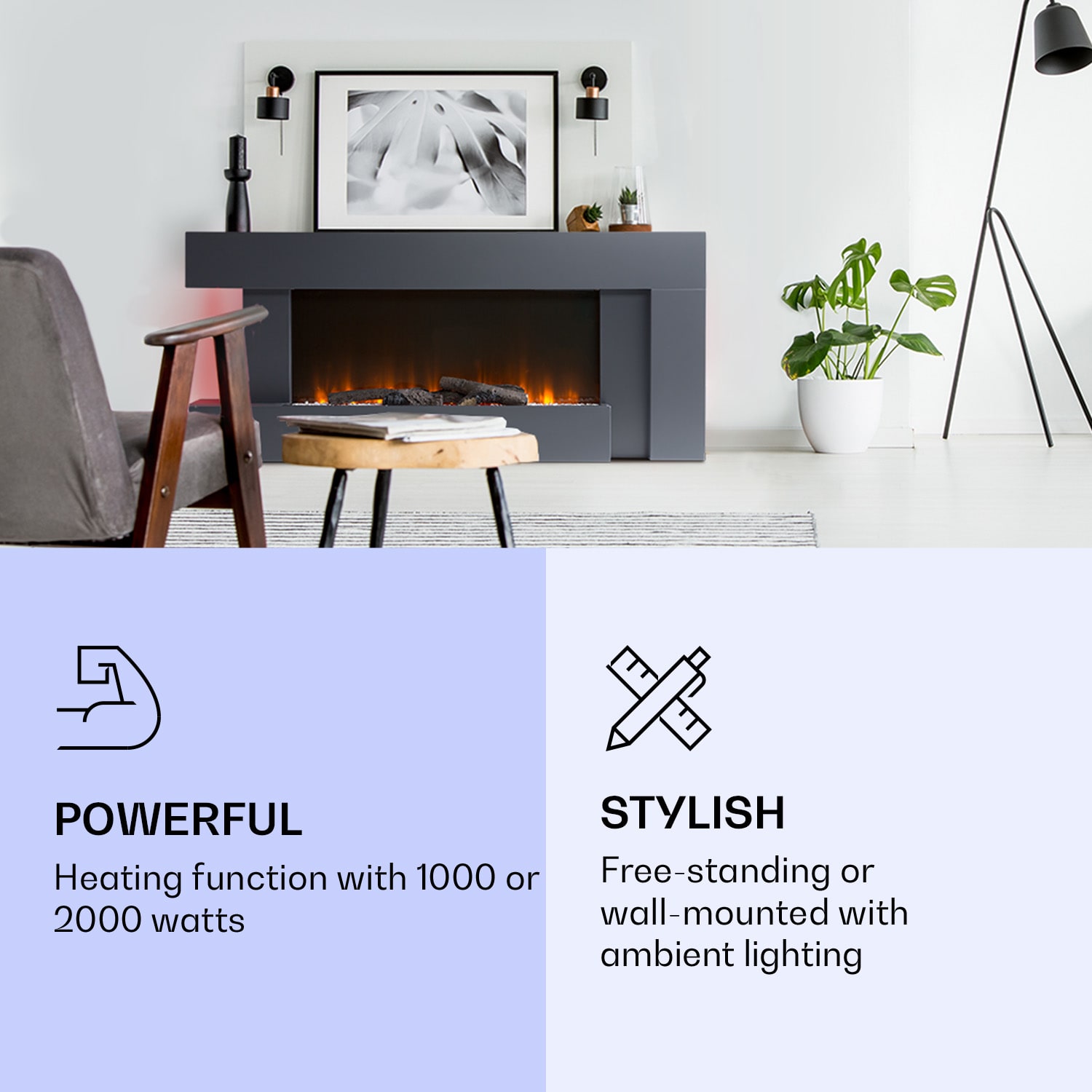 Klarstein Studio Light & Fire 2 Smart, krb, 1000/2000 W, MDF, WiFi Control – Obrázok 3