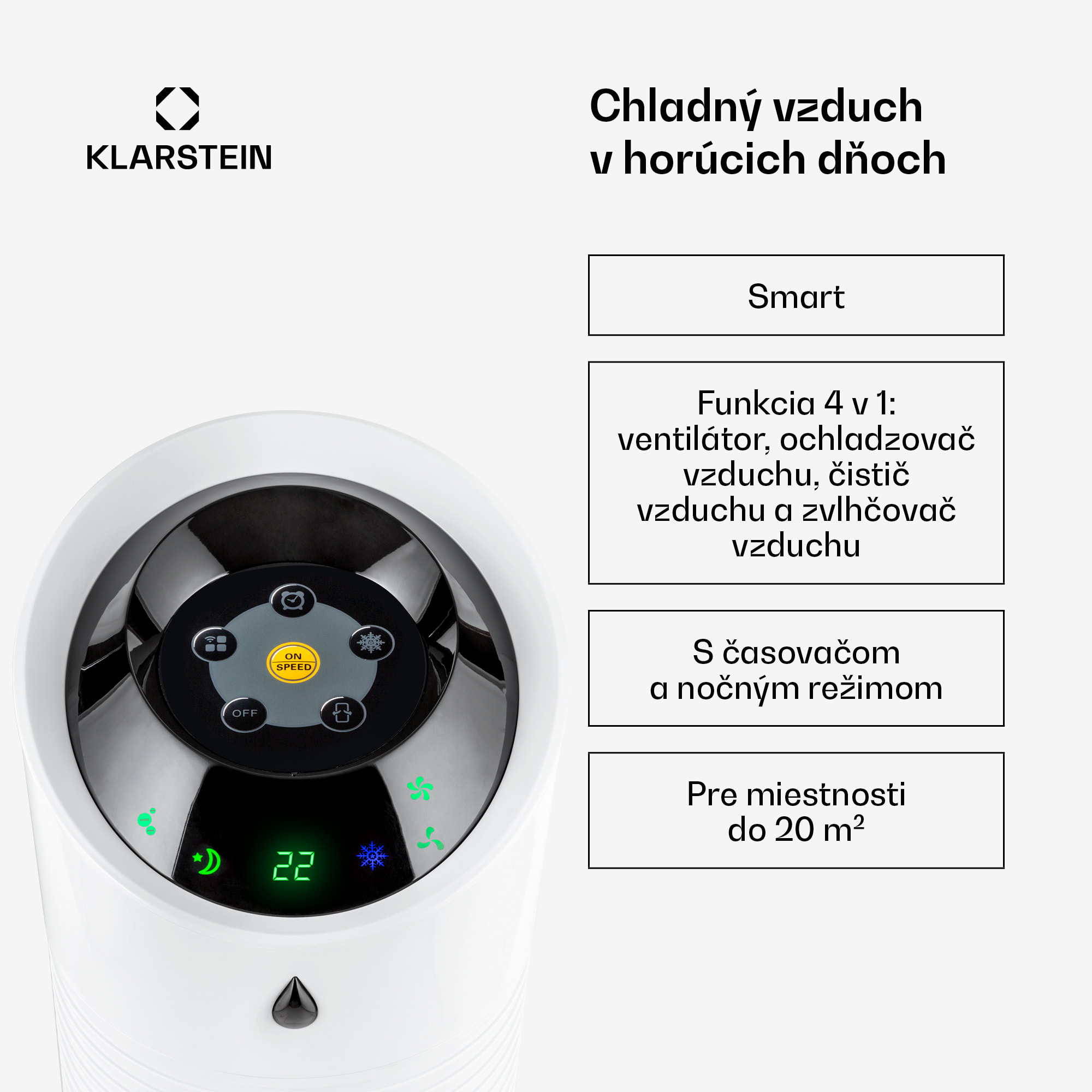 Klarstein Skyscraper Ice, 4 v 1 ochladzovač vzduchu, ventilátor, čistička vzduchu, zvlhčovač, 45 W, 180 m³/h, oscilácia, mobilný, diaľkové ovládanie – Obrázok 2