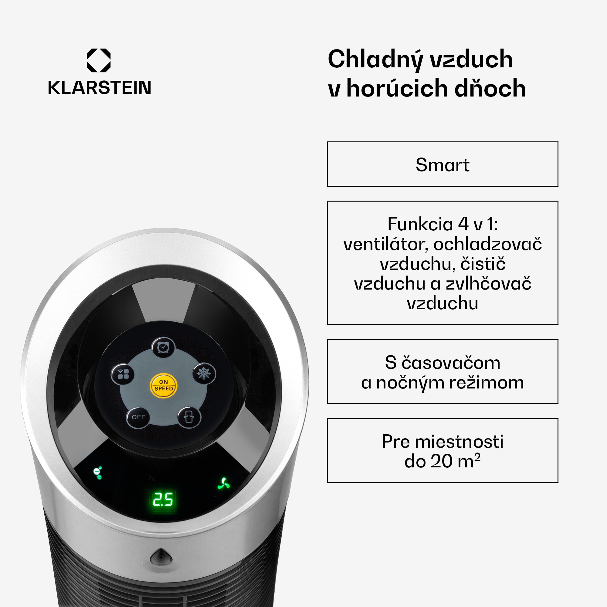 Klarstein Skyscraper Ice, 4 v 1 ochladzovač vzduchu, ventilátor, čistička vzduchu, zvlhčovač, 45 W, 180 m³/h, oscilácia, mobilný, diaľkové ovládanie – Obrázok 2