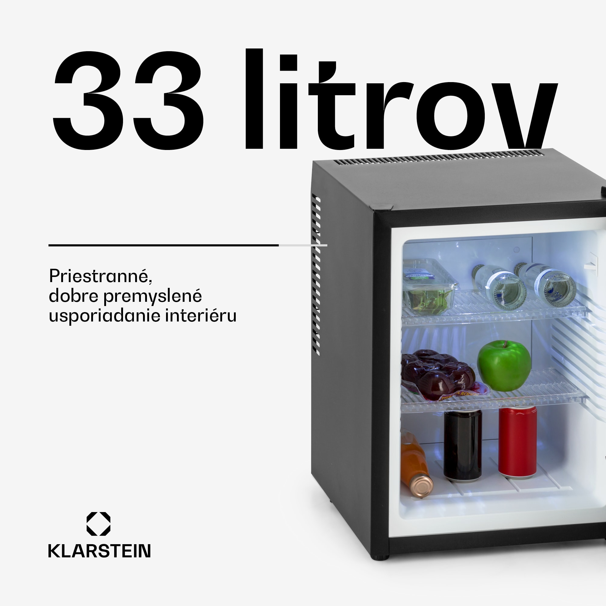 Klarstein Happy Hour, mini chladnička, 33 l, nehlučná, energet. trieda G, čierna s dekoratívnymi dverami – Obrázok 2