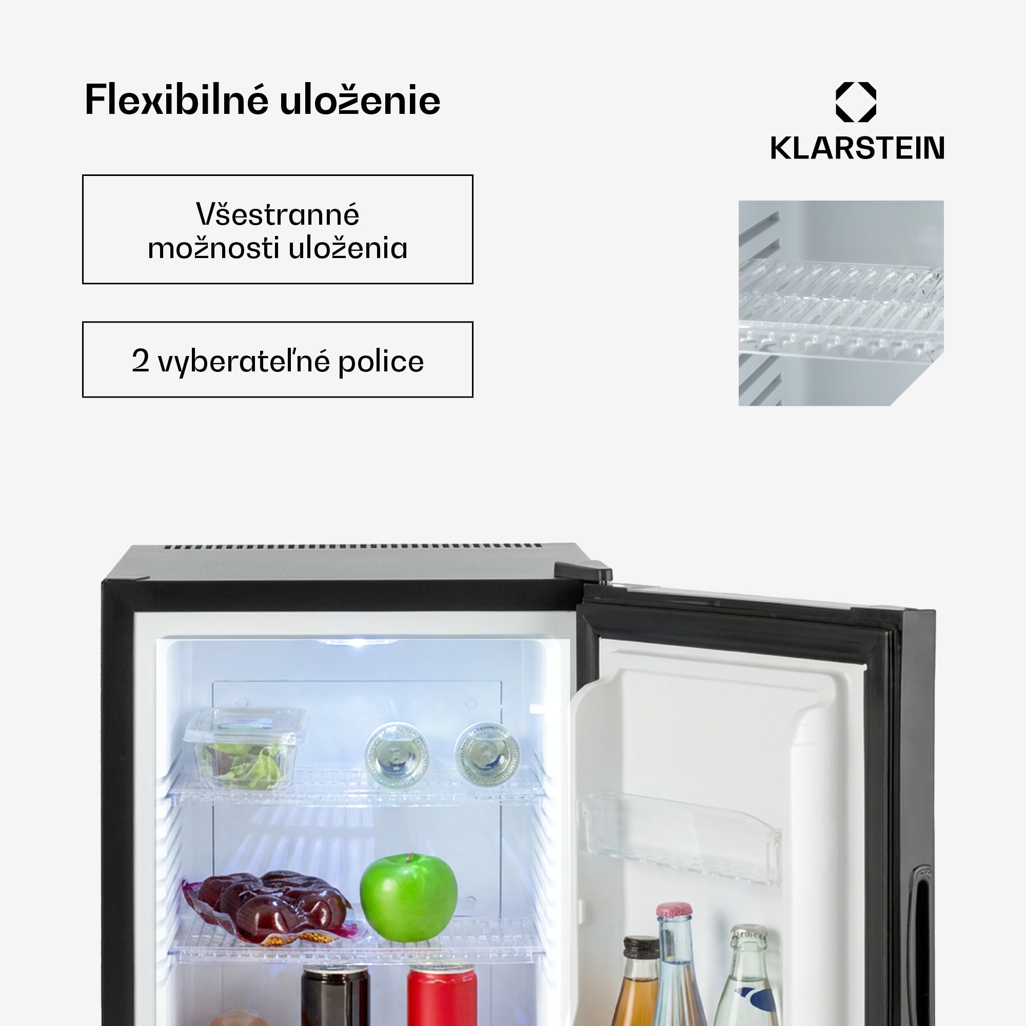 Klarstein Happy Hour, mini chladnička, 33 l, nehlučná, energet. trieda G, čierna s dekoratívnymi dverami – Obrázok 5