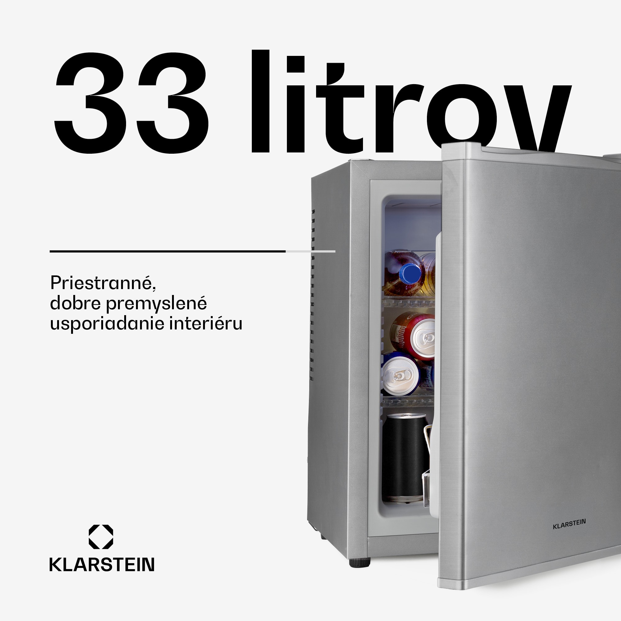 Klarstein Happy Hour 33, minibar, 33 l, 5-15°C, energet. trieda G, tichý, 25 dB, LED svetlo, strieborný – Obrázok 2