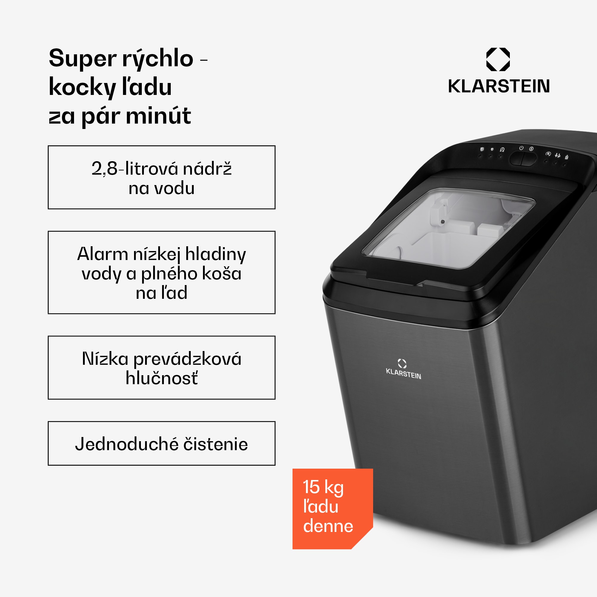 Klarstein Partytime, výrobník ľadu, číry ľad, 15kg/24h, ušľachtilá oceľ – Obrázok 2