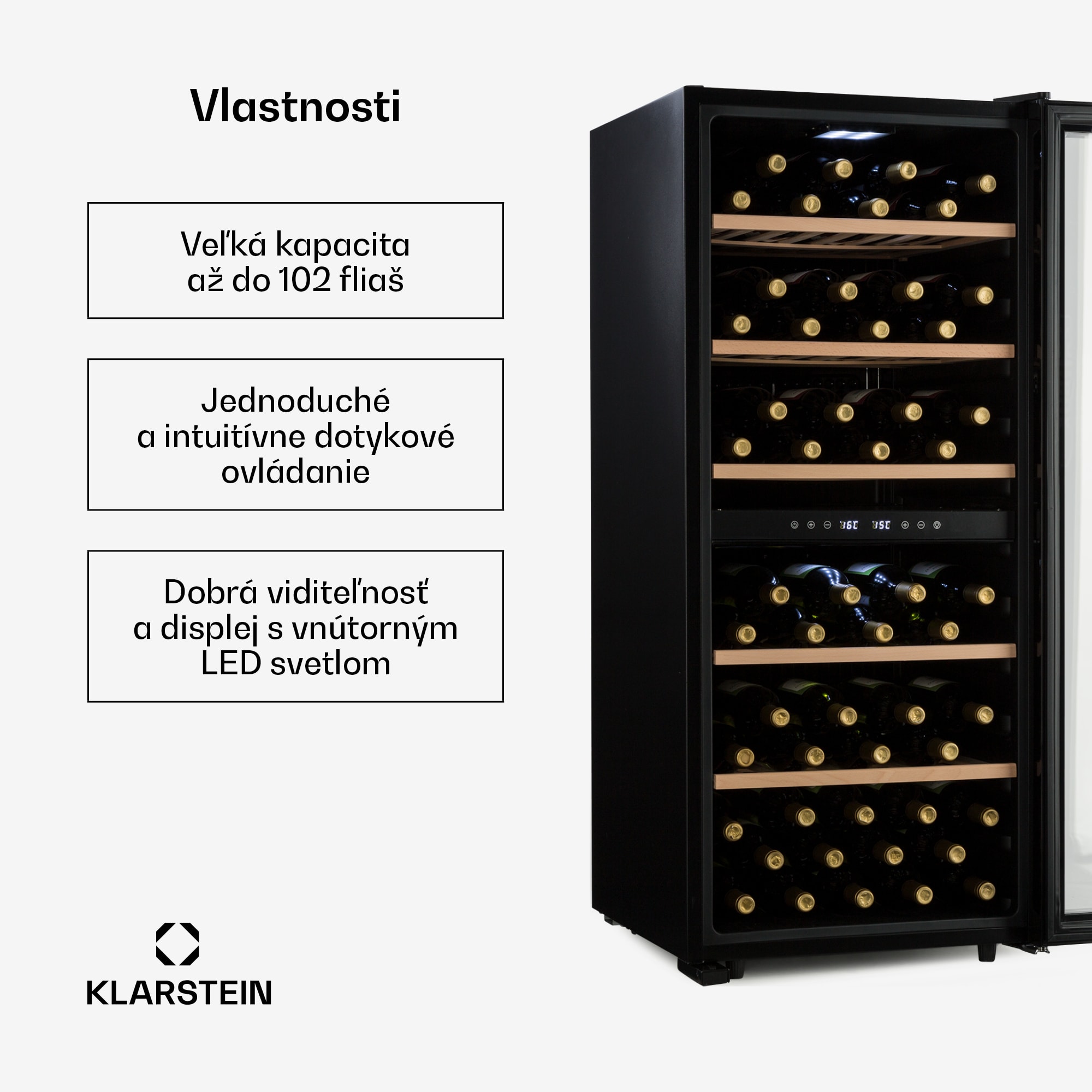 Klarstein Barossa 102D, vinotéka, 2 zóny, 102 fliaš, dotykový LED displej, čierna – Obrázok 2
