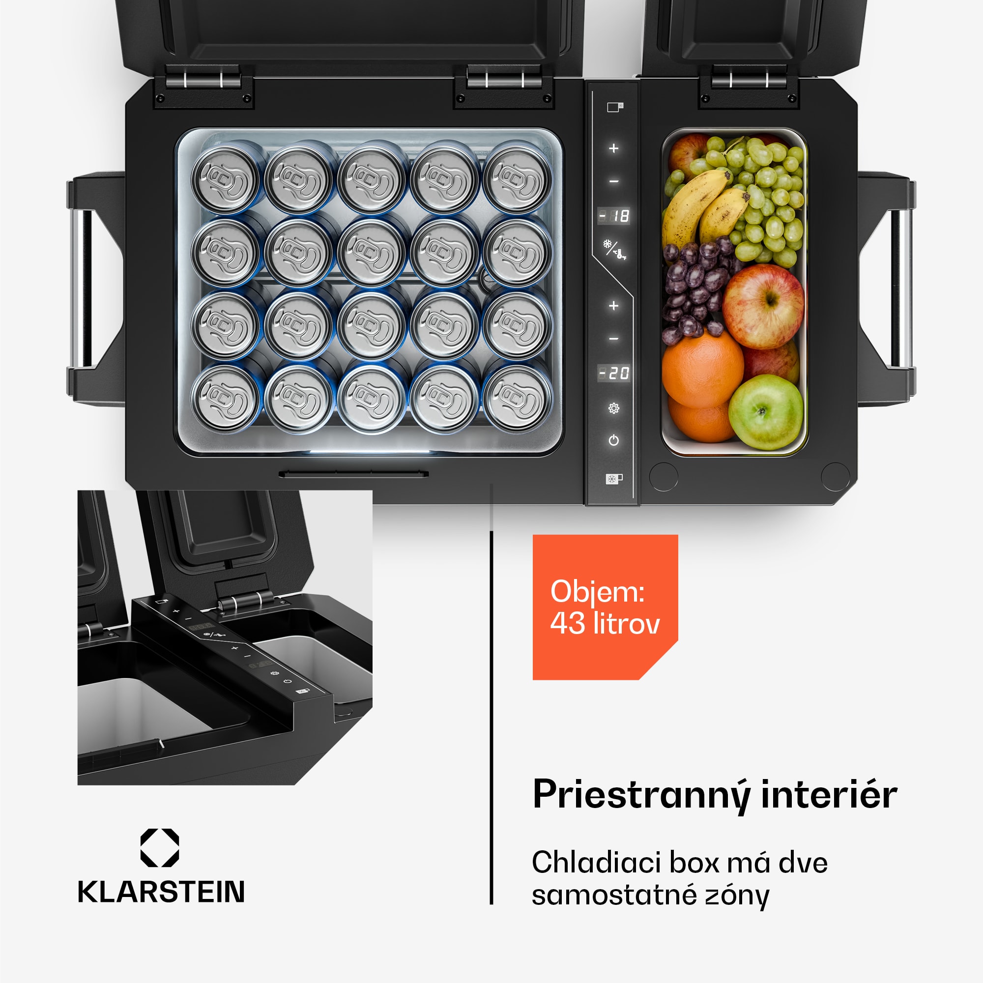 Klarstein Arctiq Duo chladiaci box | S kompresorom | 43 litrov | 58 plechoviek | -18 až 20 °C | Čierny | 78 cm – Obrázok 3
