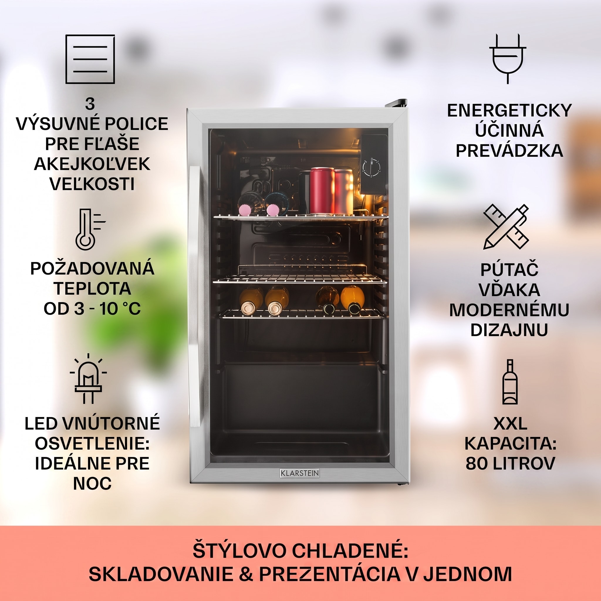Klarstein Beersafe XXL, chladnička, 80 l, 3 police, energet. trieda E, panoramatické sklenené dvierka – Obrázok 2