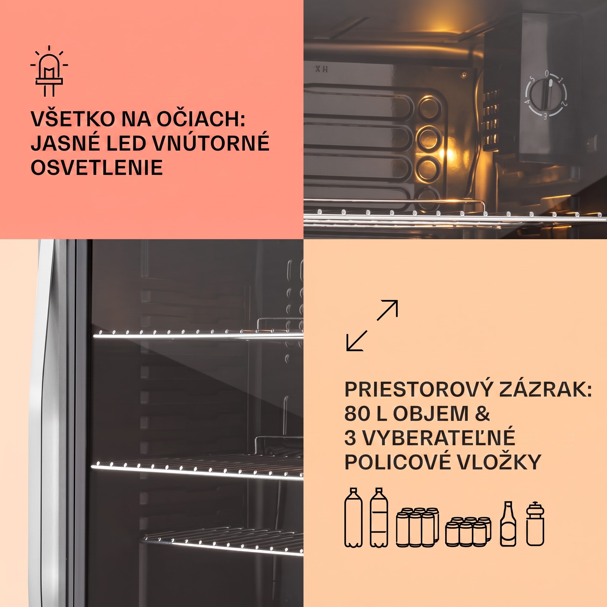 Klarstein Beersafe XXL, chladnička, 80 l, 3 police, energet. trieda E, panoramatické sklenené dvierka – Obrázok 4