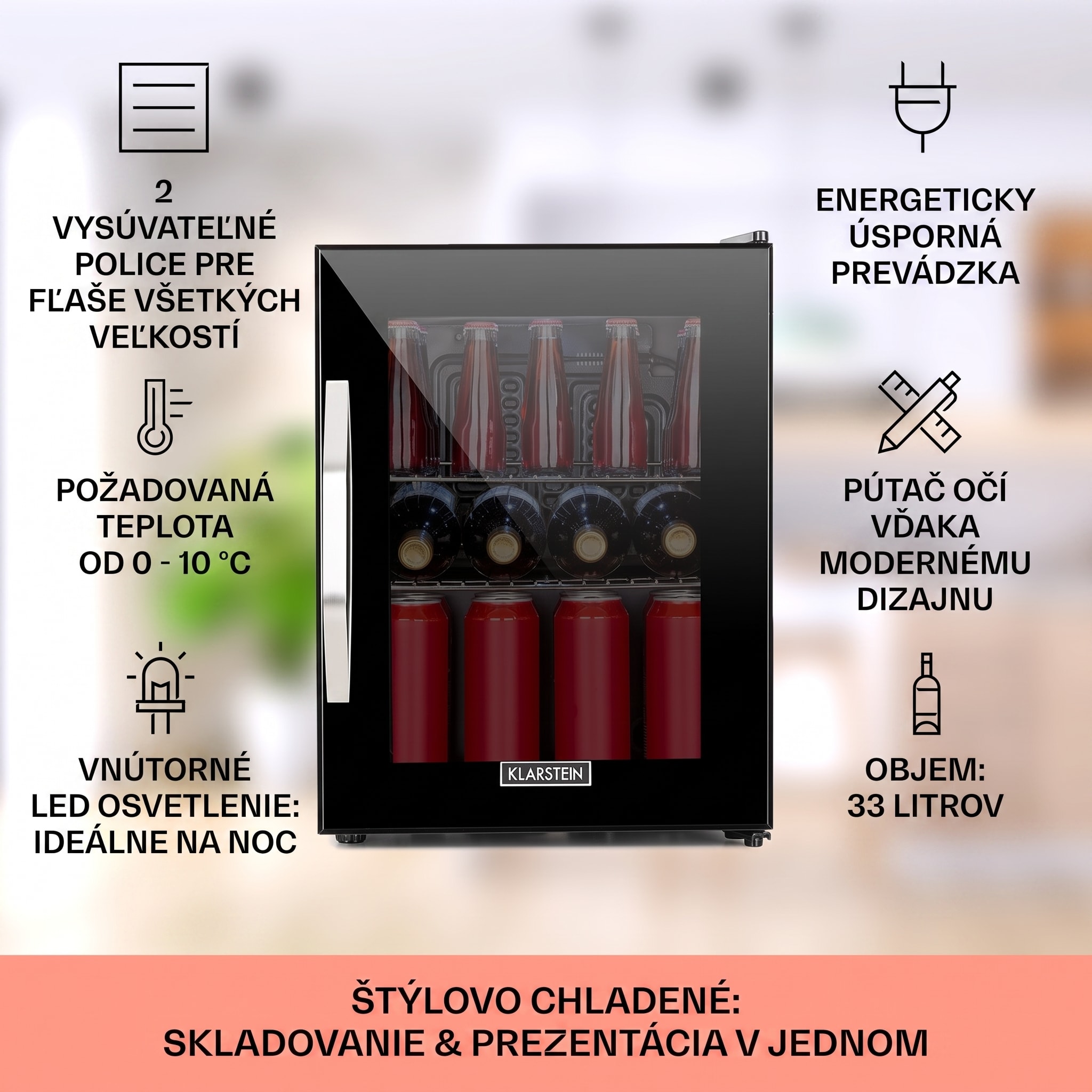 Klarstein Beersafe M Onyx, chladnička, energet. trieda C, LED, 2 kovové police, sklenené dvierka – Obrázok 2