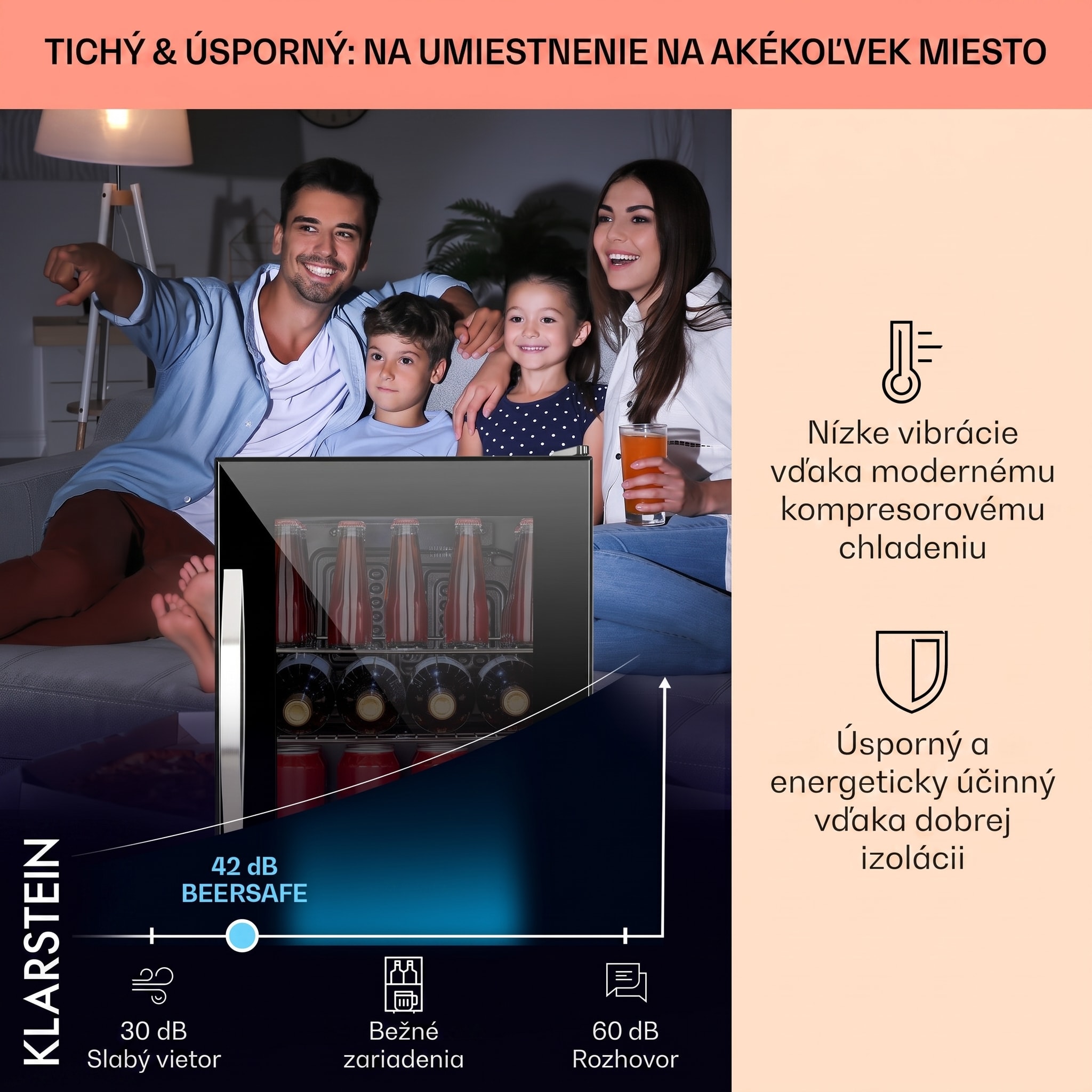 Klarstein Beersafe M Onyx, chladnička, energet. trieda C, LED, 2 kovové police, sklenené dvierka – Obrázok 3